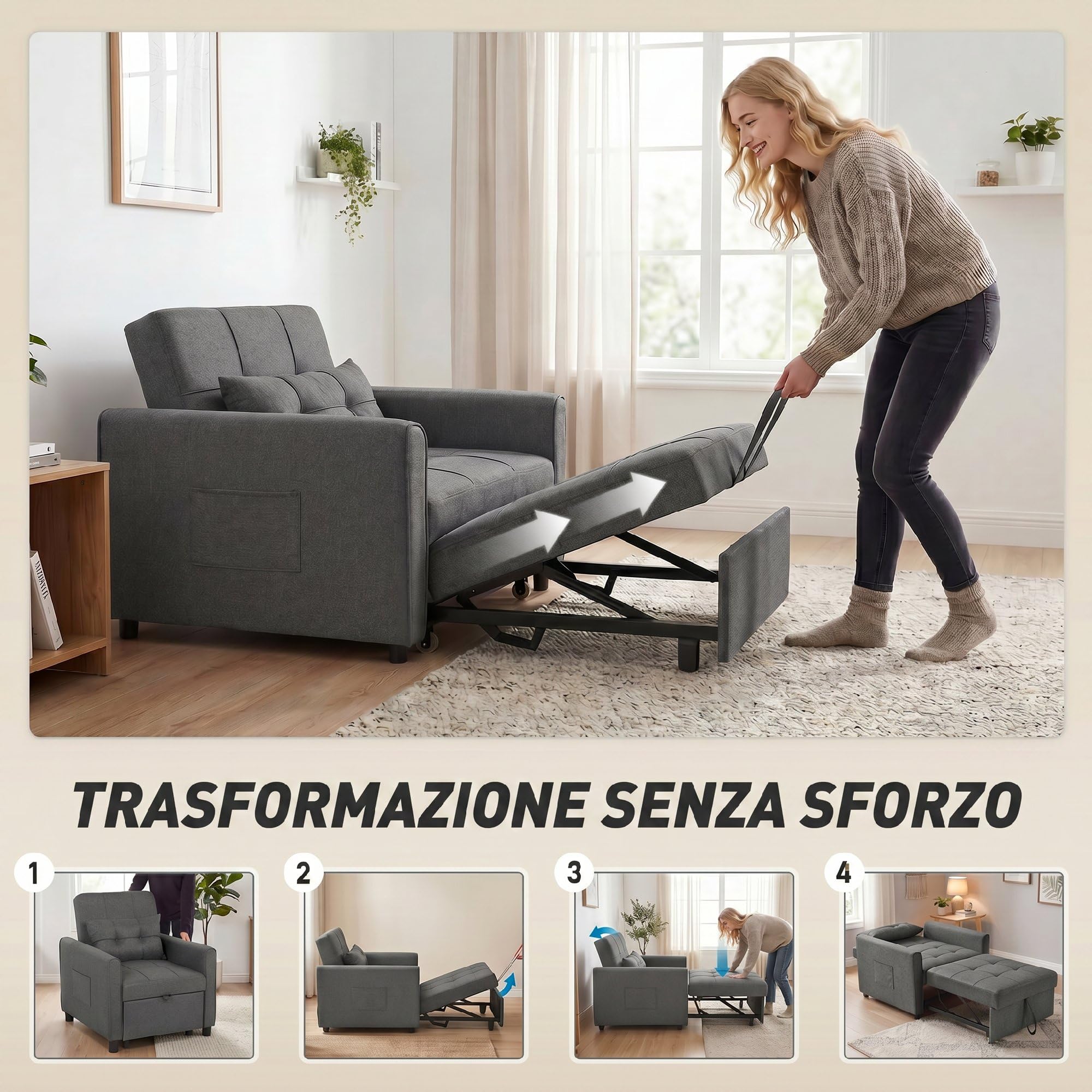 HOMCOM Poltrona Letto Singolo 3 in 1 Pieghevole, Schienale Regolabile 3 Posizioni, Cuscino, Divano Letto Imbottito Salvaspazio in Tessuto Effetto Lino e Legno con Ruote, Tasche, 69x82x85cm, Grigio