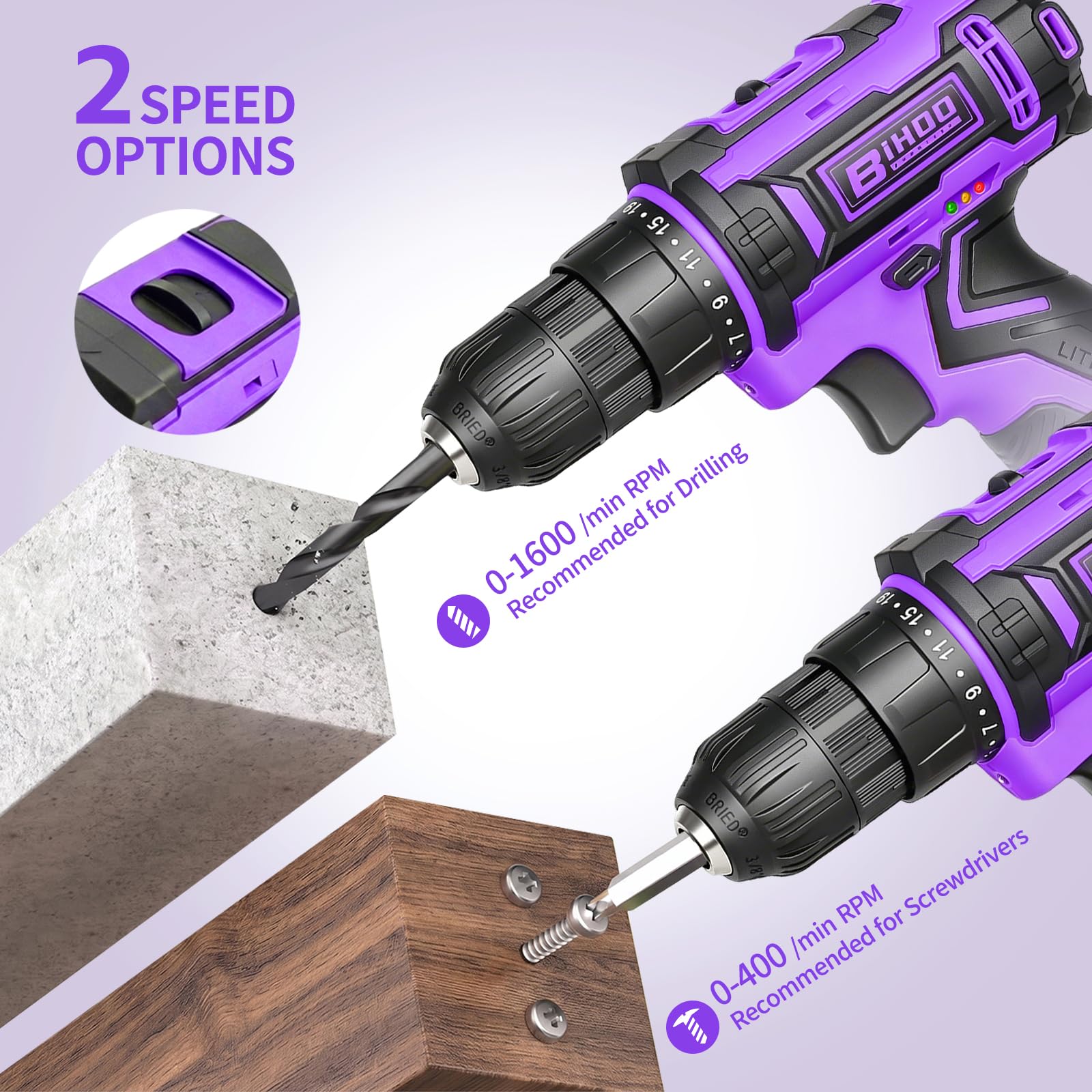 Set di trapano senza fili viola, trapano avvitatore da 20 V con batteria e caricabatterie, mandrino senza chiave da 3/8 pollici, velocità variabile, con set di punte per trapano