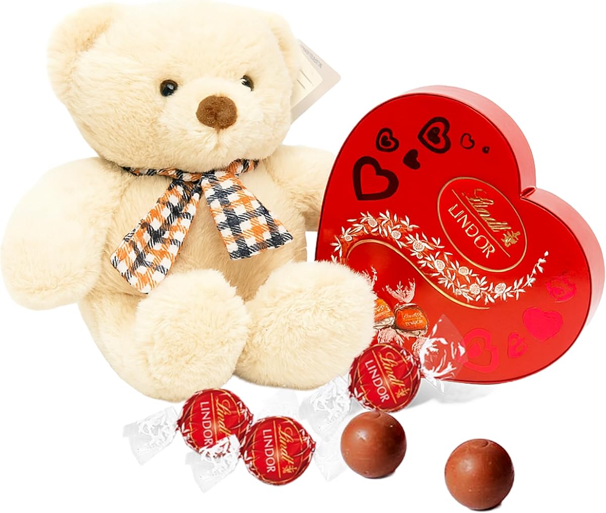 Lindt Chocolates & Teddy for Womens Gifts - Milk Chocolate Irresistibly Smooth Heart Shaped Box with Truffles 200g & Soft Teddy Bear for Christmas Gifts, Valentines Day Gifts for Women or Birthdays
