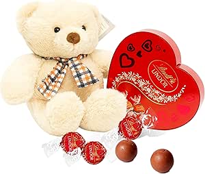Lindt Chocolates & Teddy for Womens Gifts - Milk Chocolate Irresistibly Smooth Heart Shaped Box with Truffles 200g & Soft Teddy Bear for Christmas Gifts, Valentines Day Gifts for Women or Birthdays