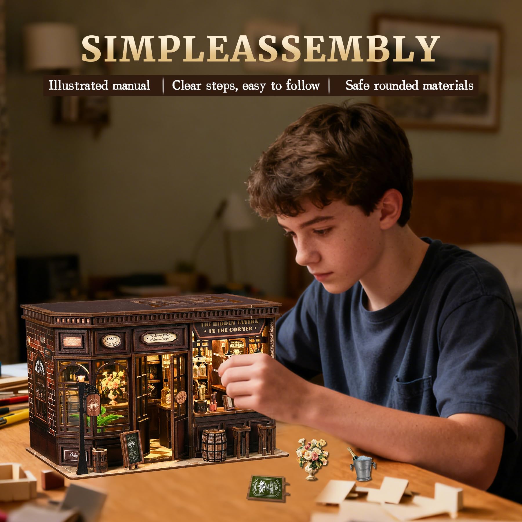 Book Nook Kit für Erwachsene - LUMYCE DIY Miniatur Haus Holzpuzzle 3D Puppenhaus - Buchstütze für Bücherregal Deko mit Led Licht Kreatives Geschenk für Leser