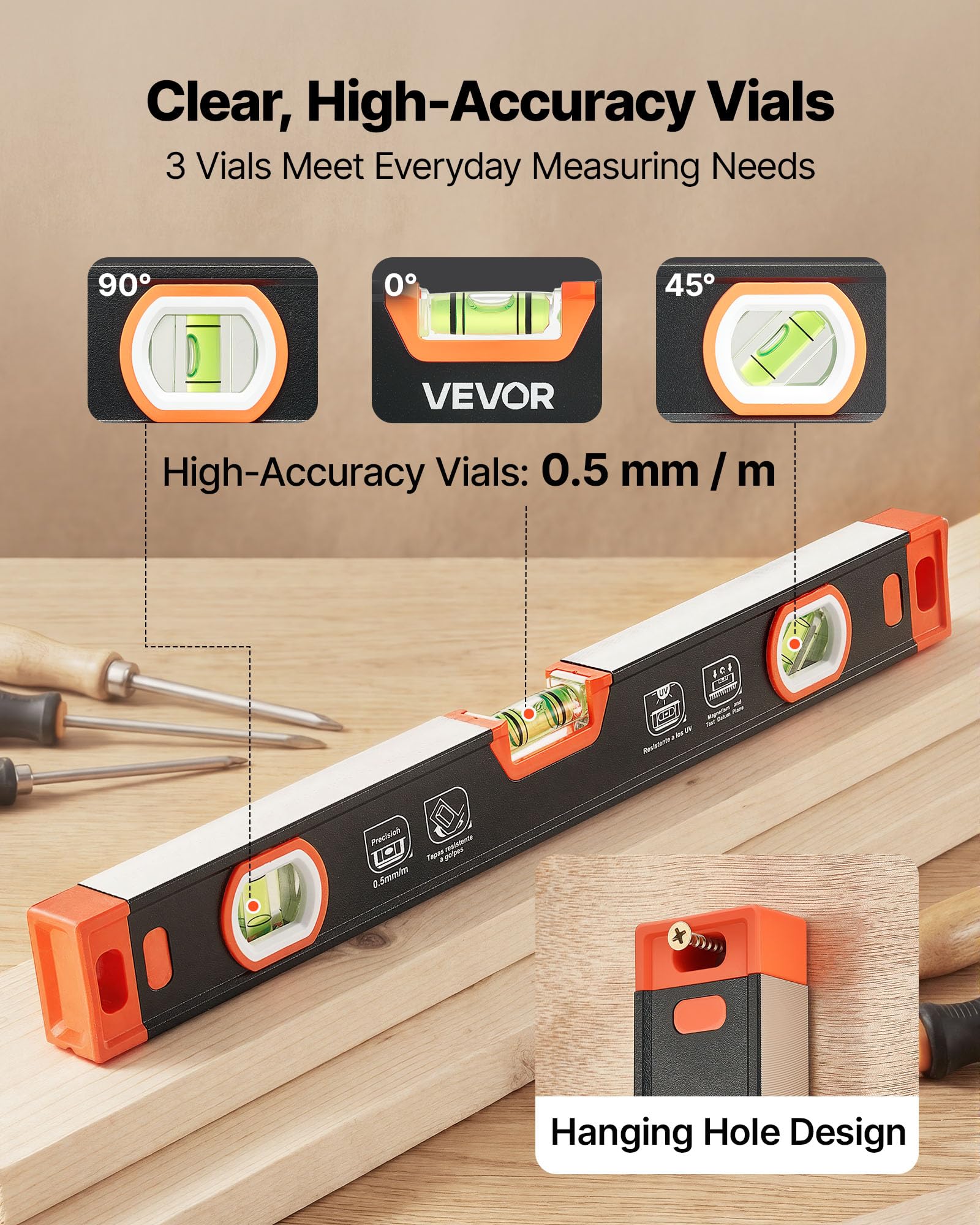 VEVOR Torpedo Level, 3-Piece Included 9/16/24 in, Magnetic Leveler Tool Set Aluminum Alloy, with Clear 3 Green Vials, V-Groove, Hanging Hole, Multi-angle Measurement for Construction Home Renovation — Amazon image 3
