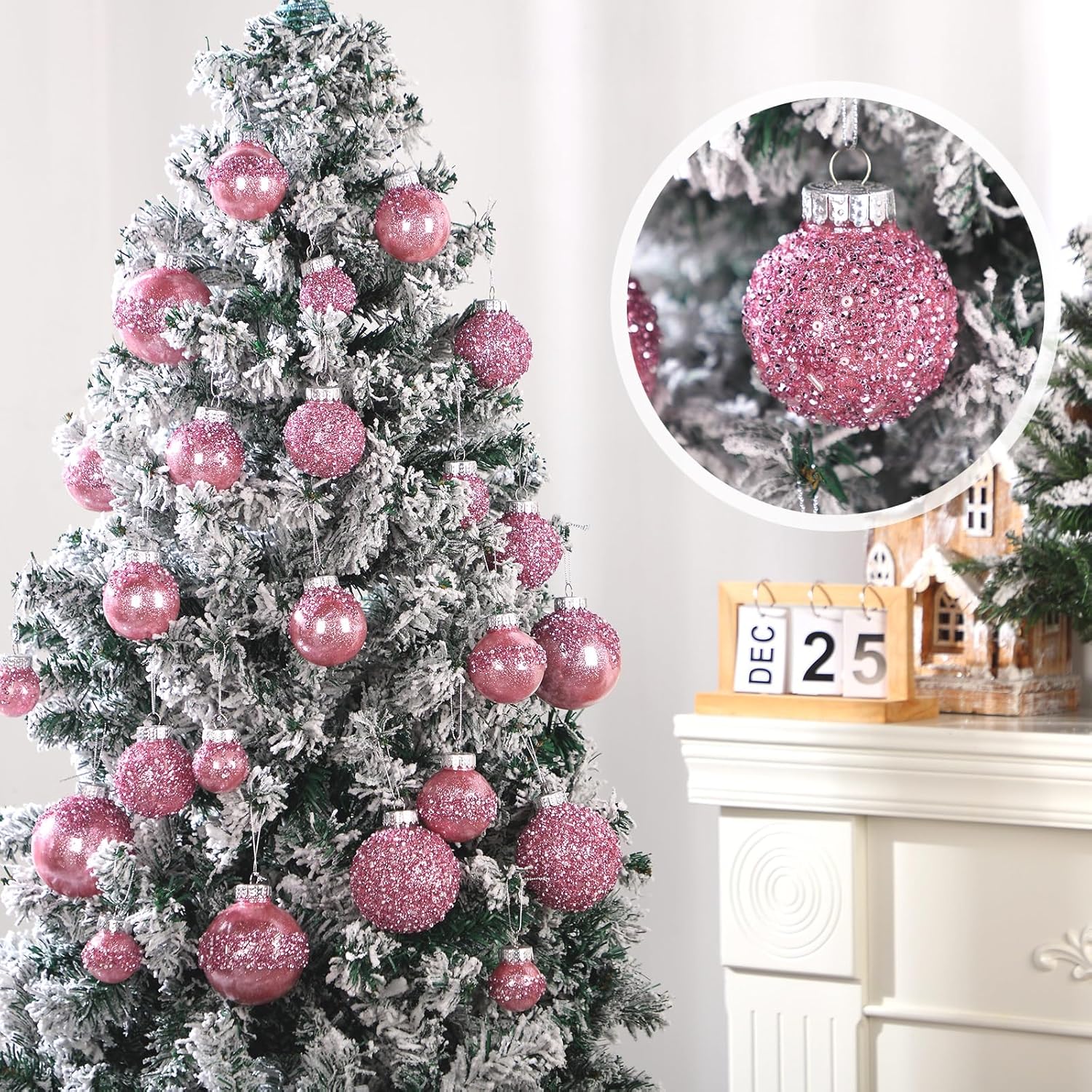 Civaner 24 Pcs Glitter Christmas Ball Ornaments Set 3.2'' 2.4'' 1.6'' Christmas Tree Ornaments Hanging Sequin Shatterproof Balls for Xmas Tree Wreath Garland Xmas Home Decor(Pink) - Image 4