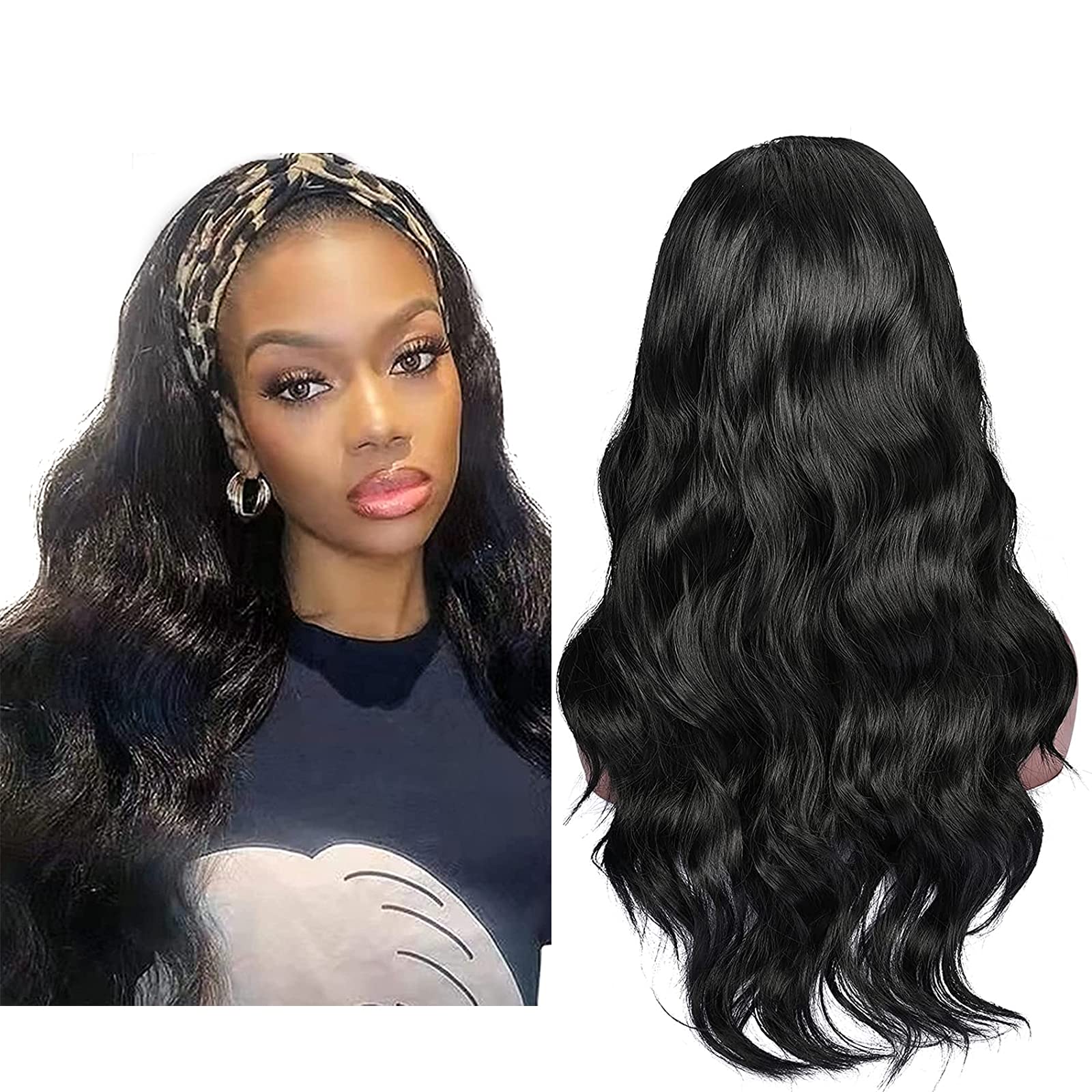 24 Inch Lumaycens Black Wavy Wig Long Synthetic Wig With Bangs Heat Resistant Wig for Women