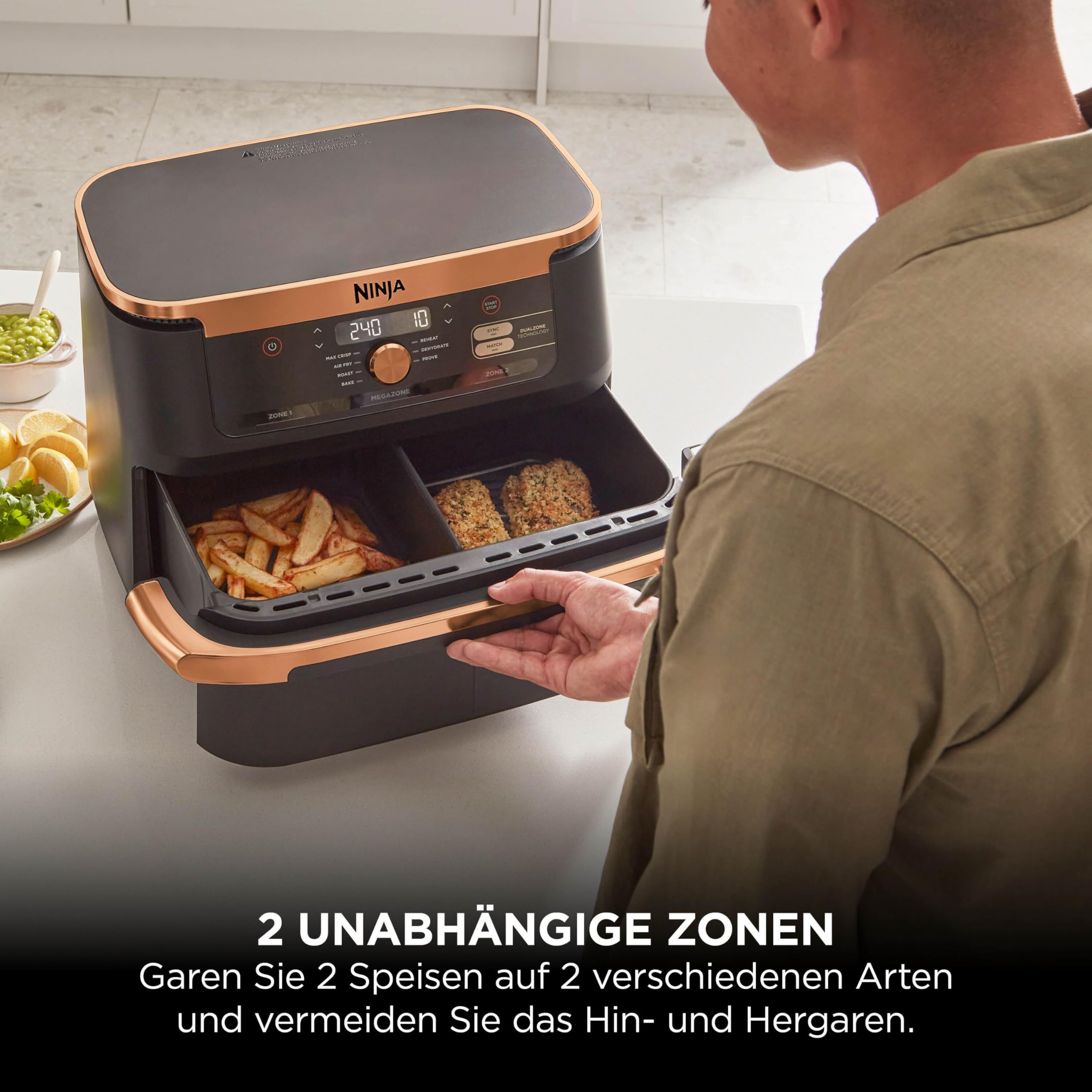 Ninja Foodi FlexDrawer Dual Zone Heißluftfritteuse 10,4-Fach AF500EUCP Schwarz Kupfer