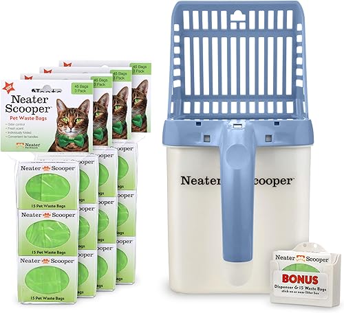 Neater Pets Neater Scooper - Cuchara de arena estándar para gatos, 195 bolsas de recambio, recogedor de arena para gatos sin desorden con bolsa,