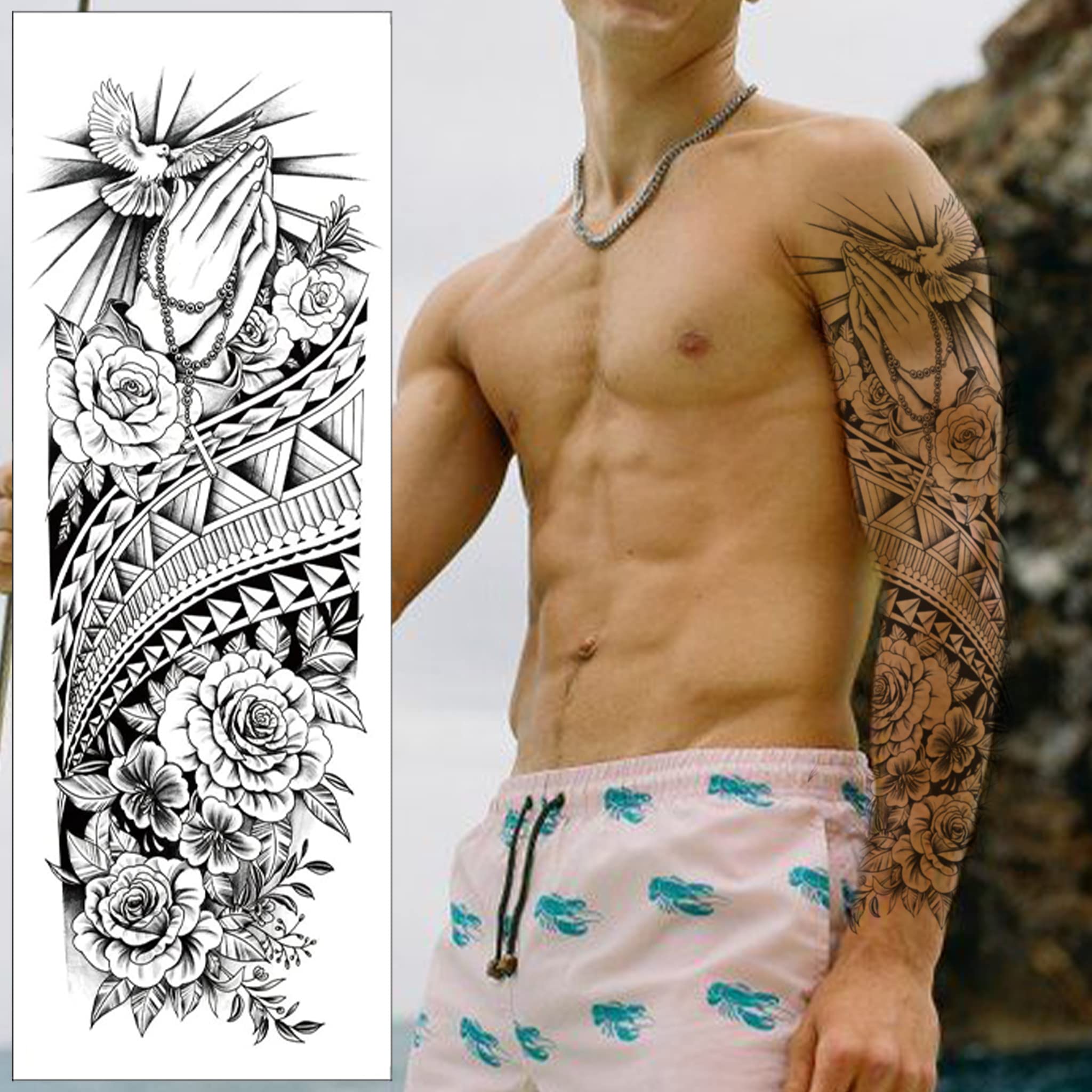 Polynesian Prayer Temporary Tattoo Sleeve - Tribal Maori Samoan Roses Dove Black Grey Realistic Waterproof Transfer Sticker Arm Body Art Men Women Kids 17cm x 48cm - By Delusion Tattoos