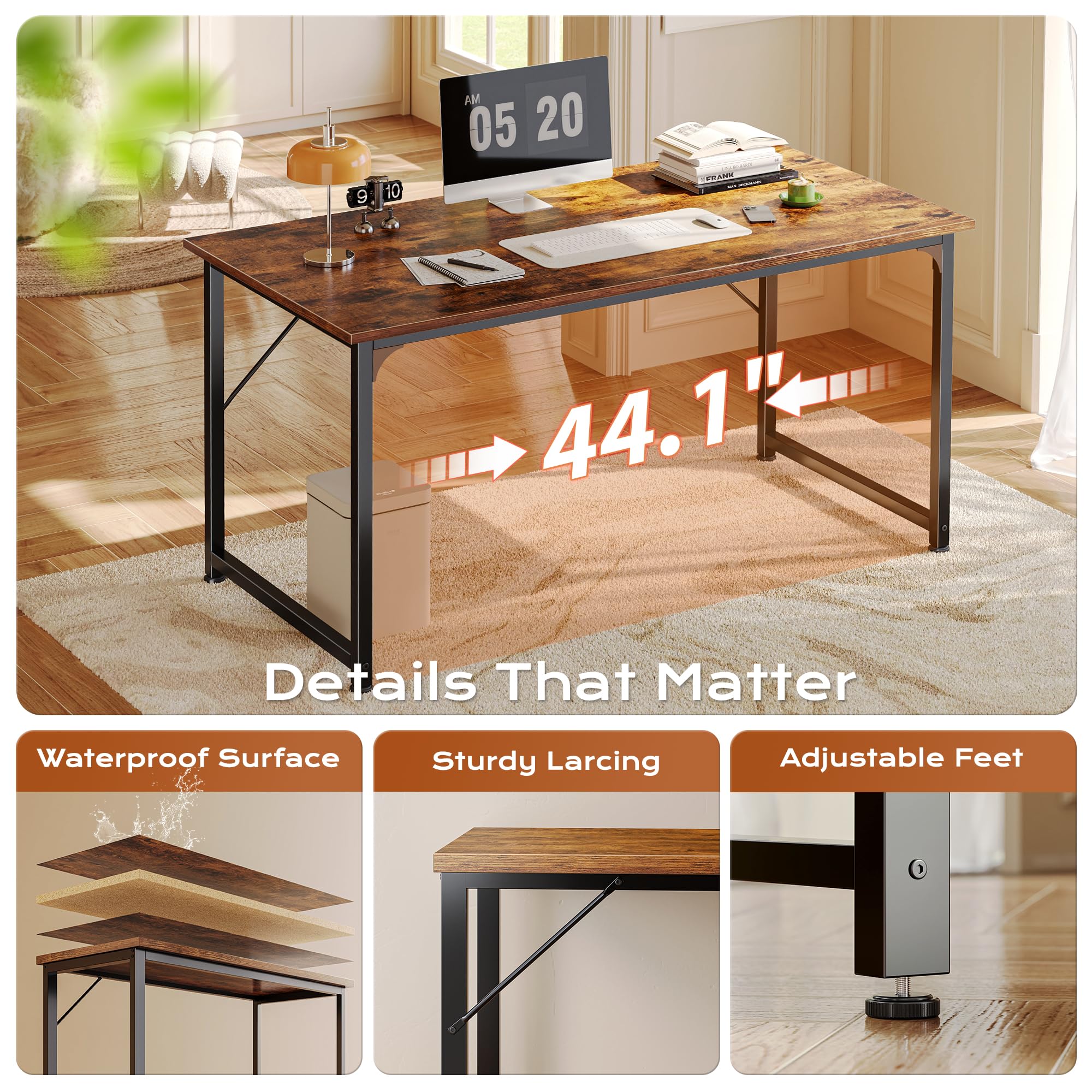 PRAISUN 47 X 24 Inch Computer Desk with Deeper Desktop, Gaming Office Writing Work Desk for Home Office, Study, Bedroom, Work from Home, Metal Frame, Rustic Brown