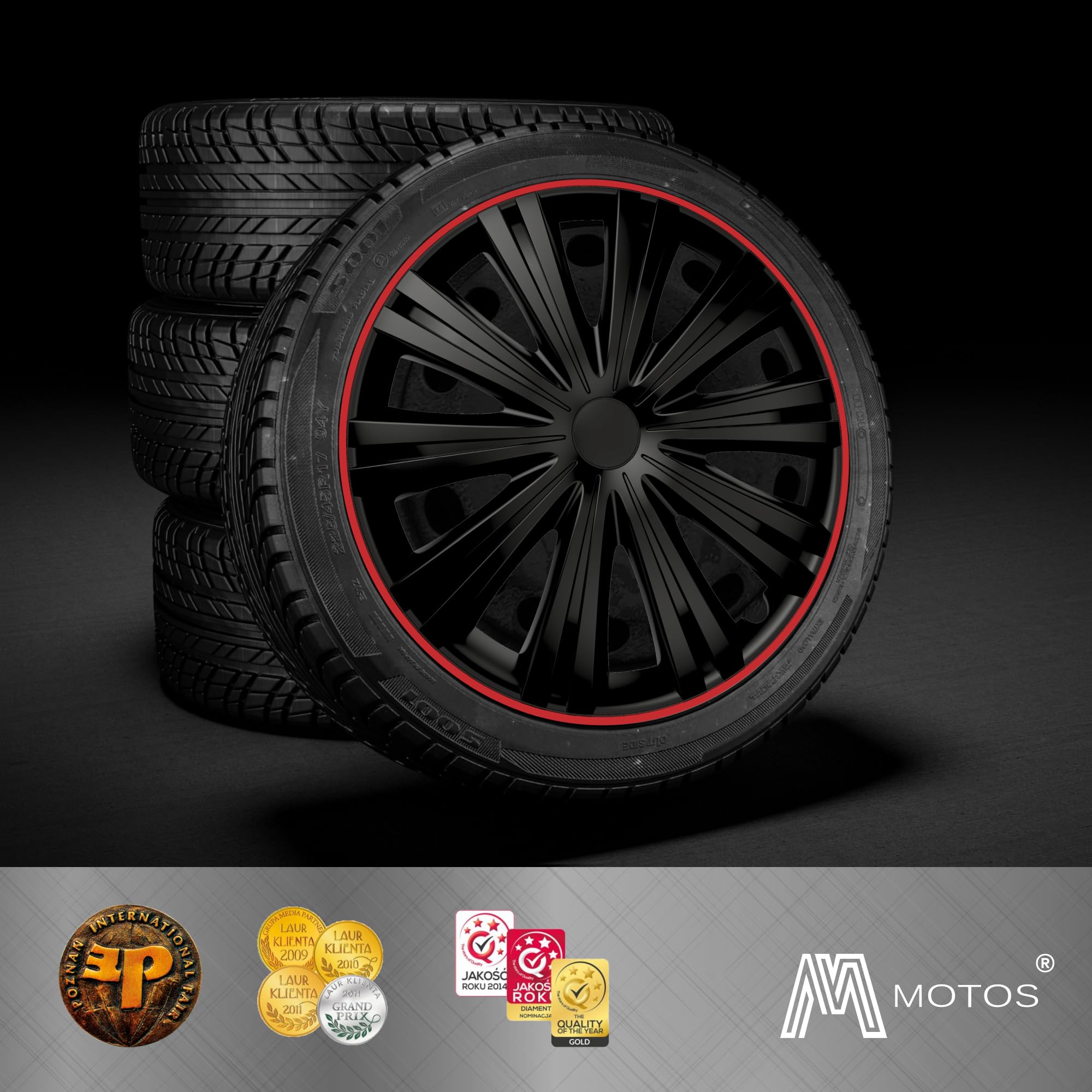 M MOTOS Radkappen 16 Zoll - 4er Set, Schwarz und rot, Acrylnitril-Butadien-Styrol, Plastik, Schnappinstallation, Kratzerschutz, Waschstraßenfest