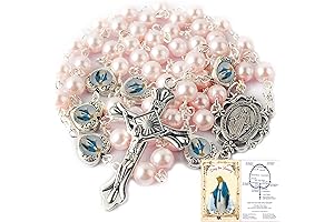 Glass Pearl Beads Rosary Necklace for Women with Miraculous Epoxy Heart Metal Beads