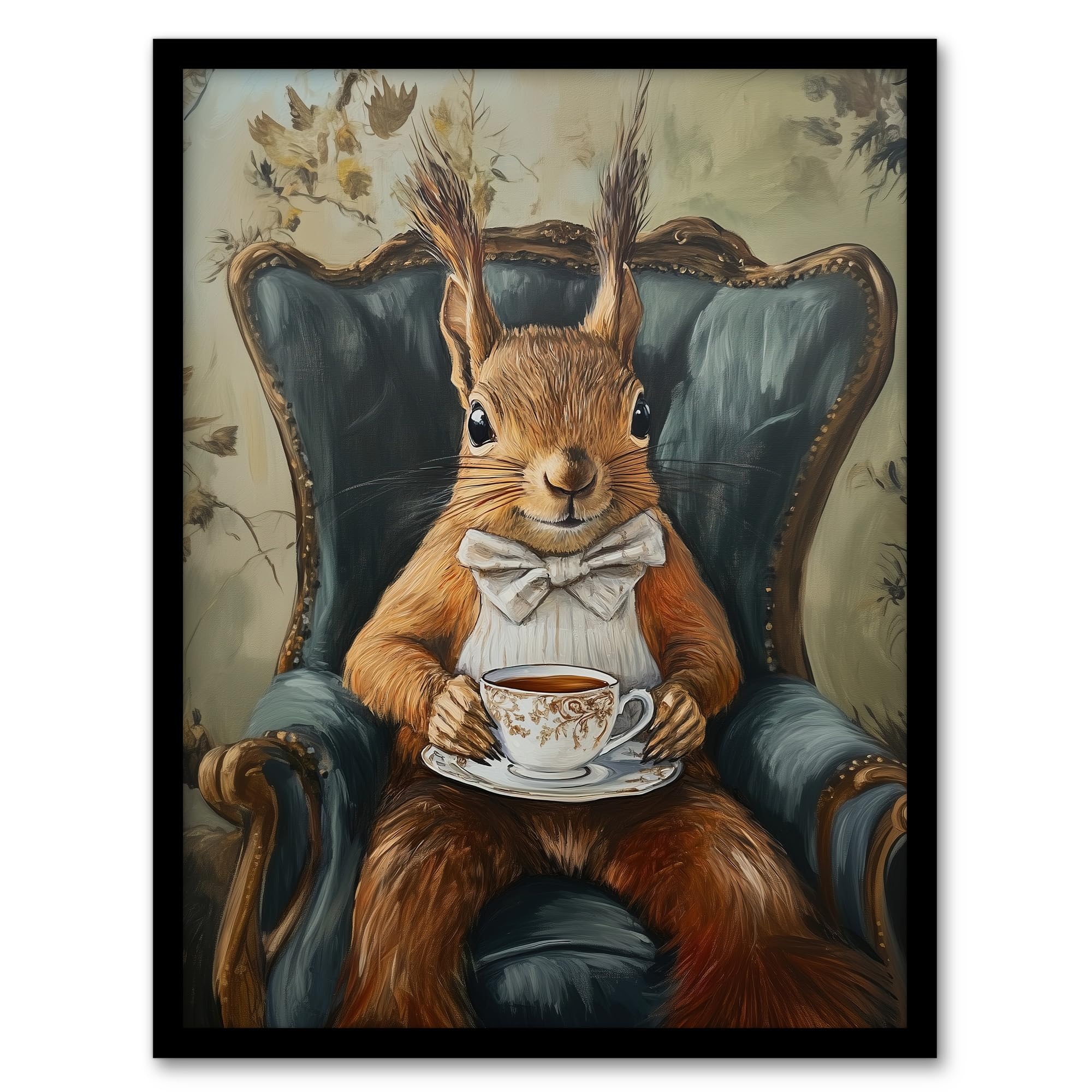 Artery8 Red Squirrel Bow Tie Tea Time Armchair Portrait Living Room Artwork Framed Wall Art Print A4