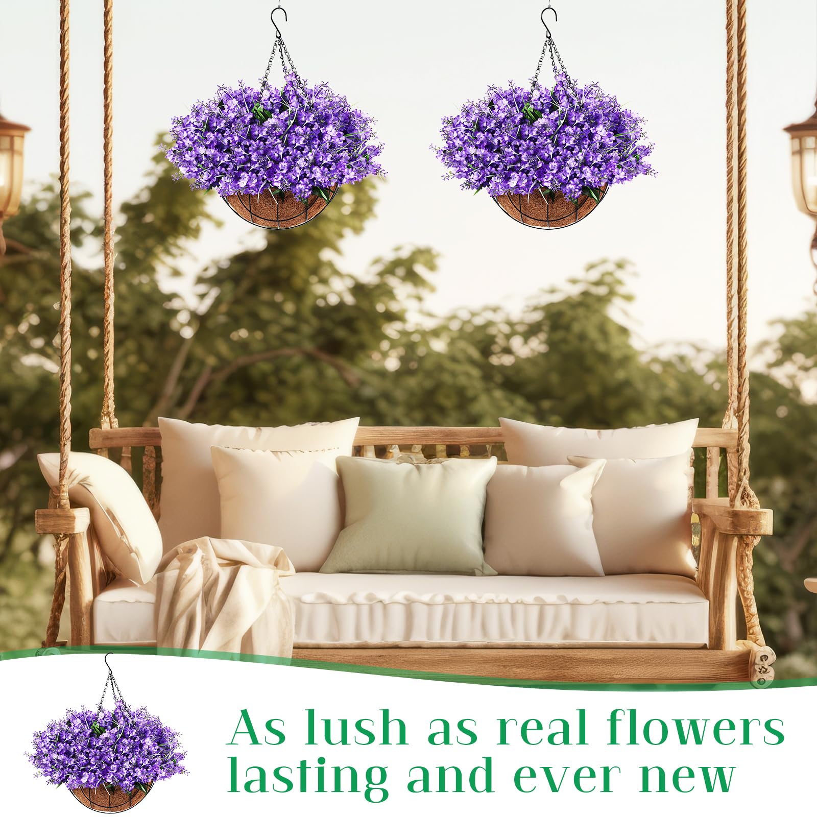 Lyrow Künstliche Hängeblumen im Korb für Frühling, Sommer, Veranda, Haus, Garten, Hof, Dekoration, künstliche Hyazinthen-Arrangement, künstliche Pflanzen in 30,5 cm Kokosnuss-Futter, Korb für Außen-