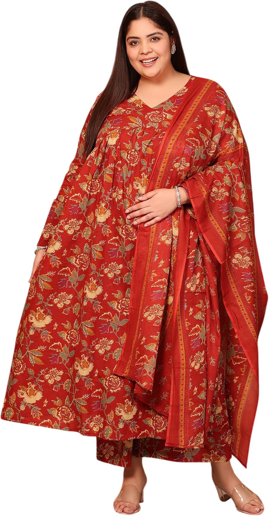 MEERA FABWomen's Cotton Blend V-Neck Plus Size Anarkali Printed Kurta with Palazzo & Dupatta