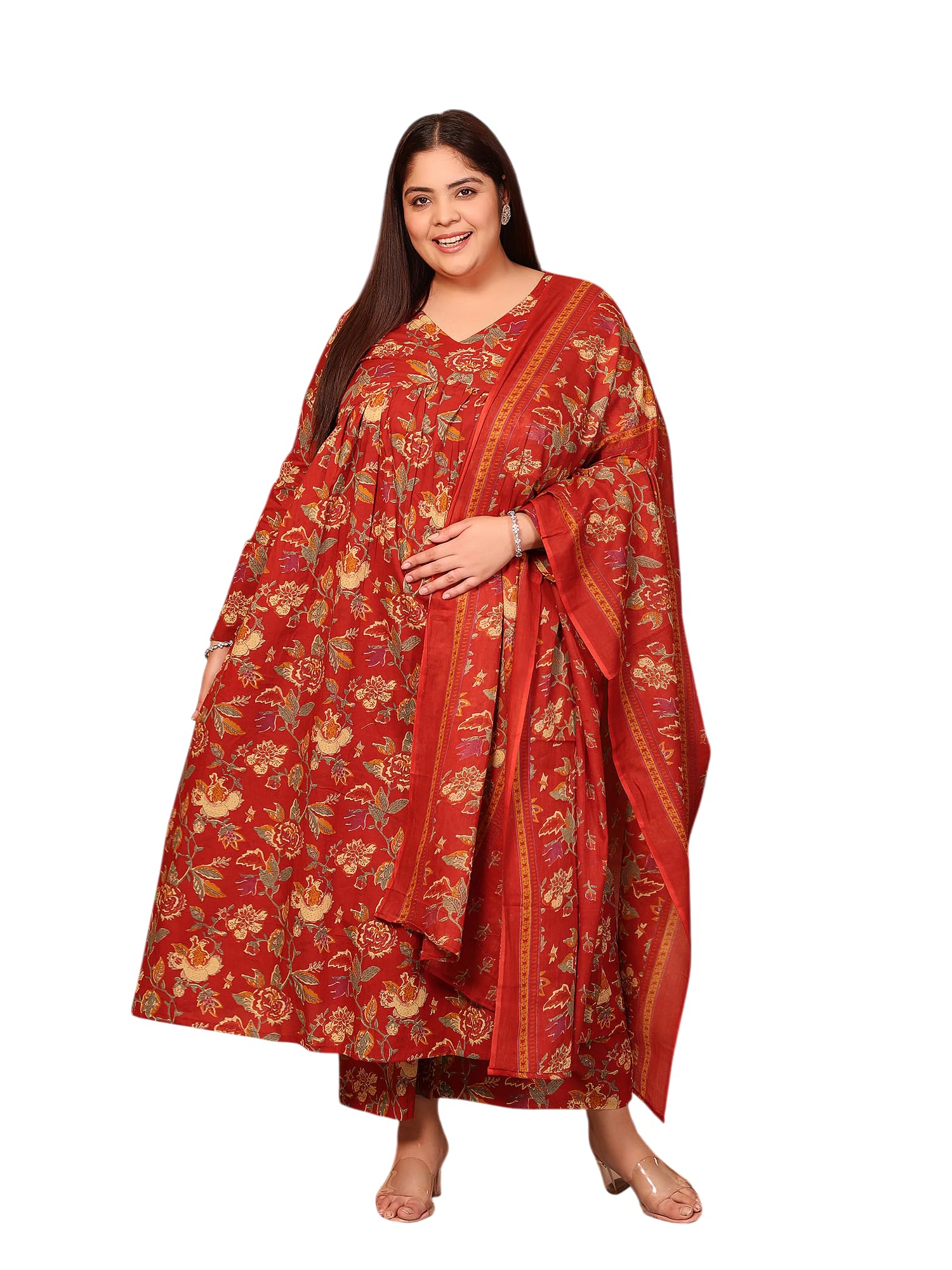 MEERA FAB Women's Cotton Blend V-Neck Plus Size Anarkali Printed Kurta with Palazzo & Dupatta