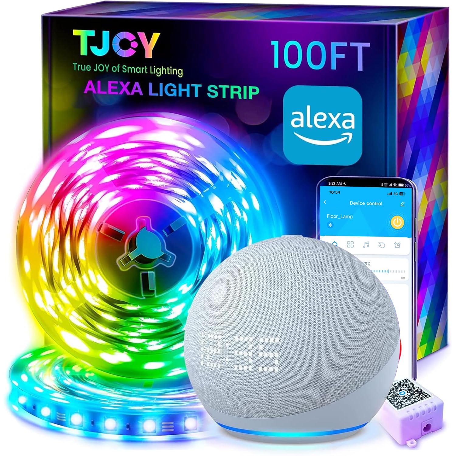 TJOY 100ft Smart Led Strip Lights for Bedroom, Work with Alexa, RGB Color Changing Music Sync Led Lights with App Remote,Multi-Color Wireless Led