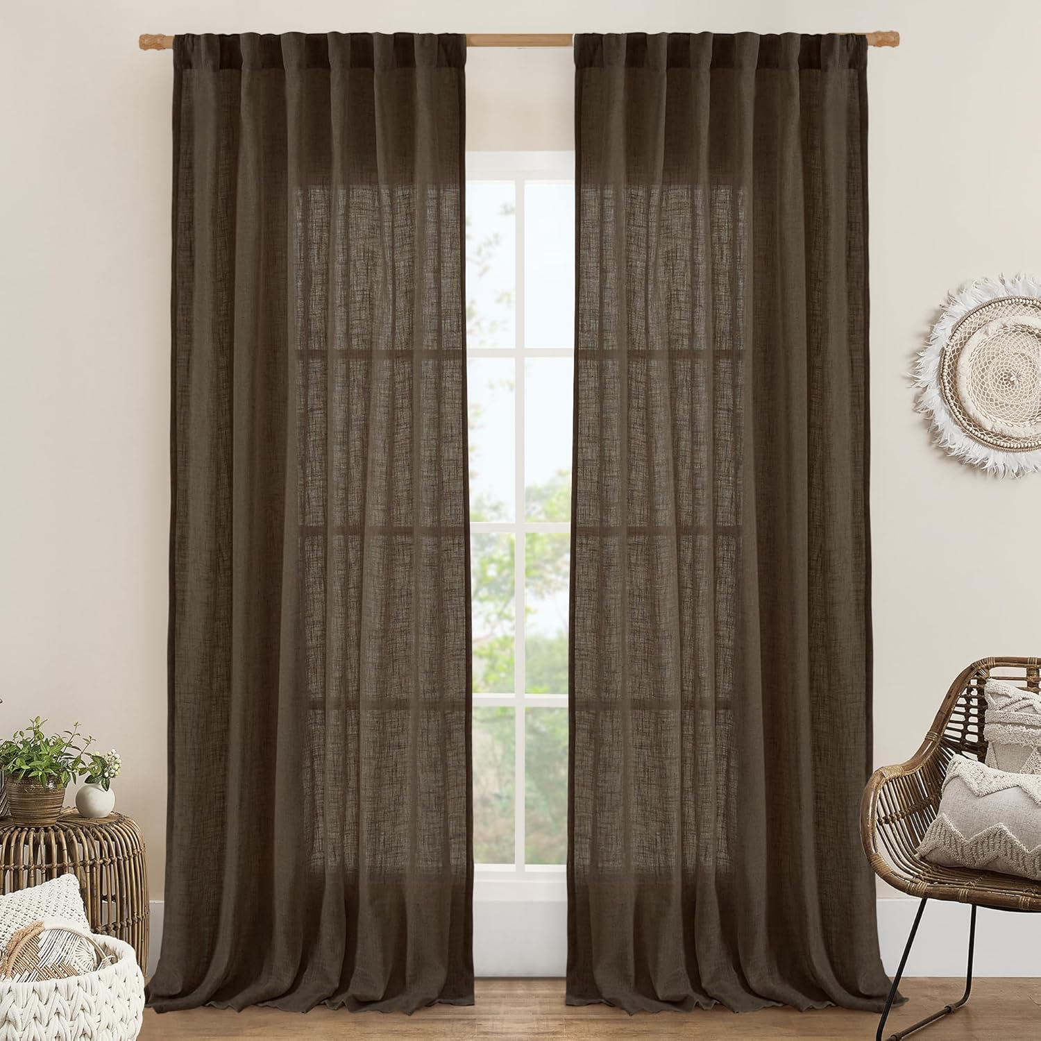 LAMIT Linen Curtains for Living Room 84 inch Length 2 Panels, Light Filtering Semi Sheer Drapes Back Tab and Rod Pocket Farmhouse Panels for Bedroom/Sliding Glass Door, Dark Brown, 52 x 84 Inch