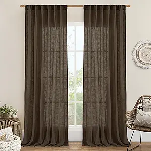 LAMIT 95 Inches Long Linen Curtains for Living Room, Back Tab and Rod Pocket Semi Sheer Curtains Light Filtering Farmhouse Drapes for Bedroom/Dining Room, Dark Brown, Set of 2, 52 x 95 Inch