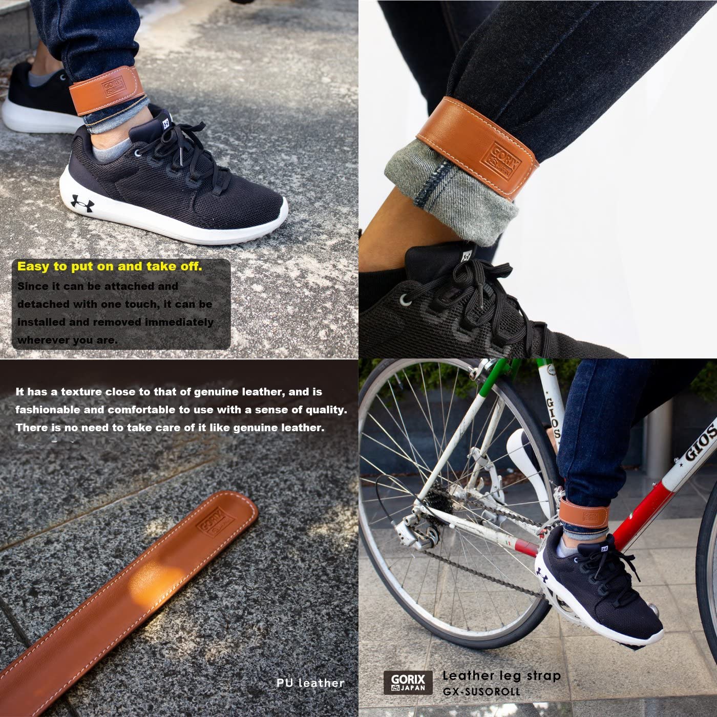 GORIX Bike Ankle Leg Pants Strap Band Leder Clip Protector Braun Radfahren Fahrrad (GX-SUSOROLL)