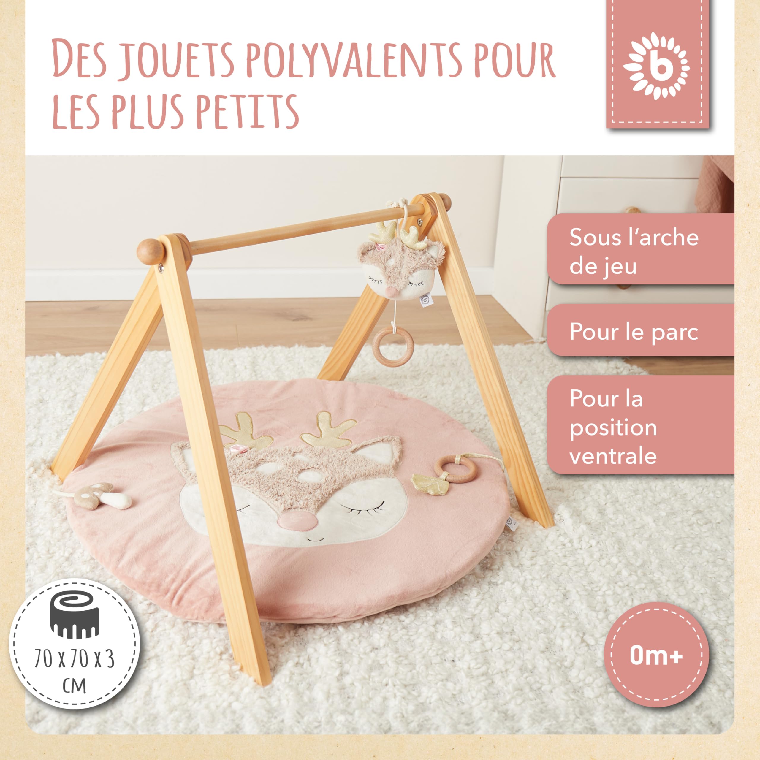BIECO Tapis d'éveil biche Ella - Tapis d'eveil Rose - Faon Bebe - Matelas deveil Arche eveil Bois Fille