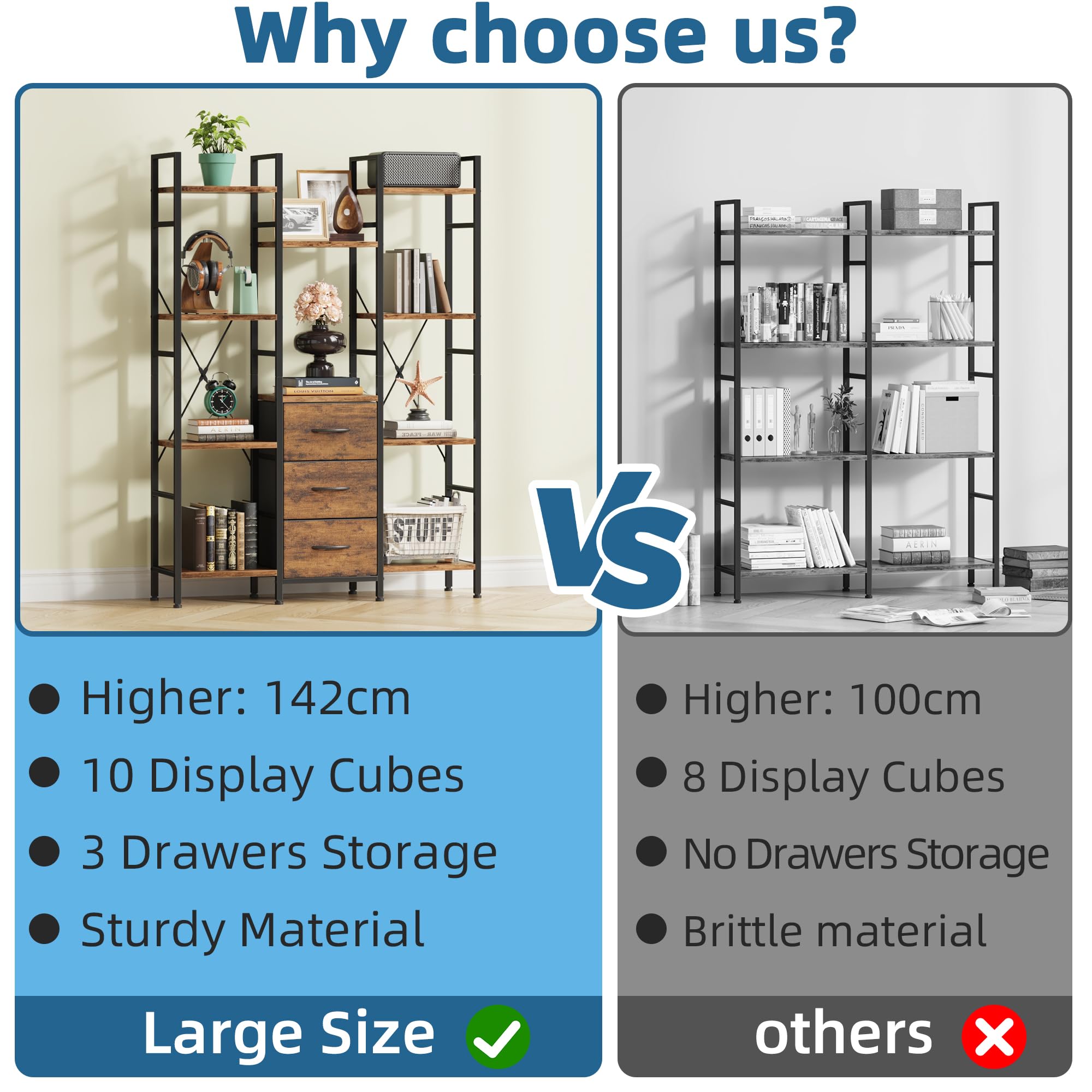 OYRREU 100W x142Hcm Alta Libreria con 3 Tessuto Cassetti, 10 Cubi Libreria Scaffale Legno Rustico, Verticale&Salvaspazio, Scaffale Librerie per Soggiorno, Camera da Letto, Cameretta, Cucina, Giardino