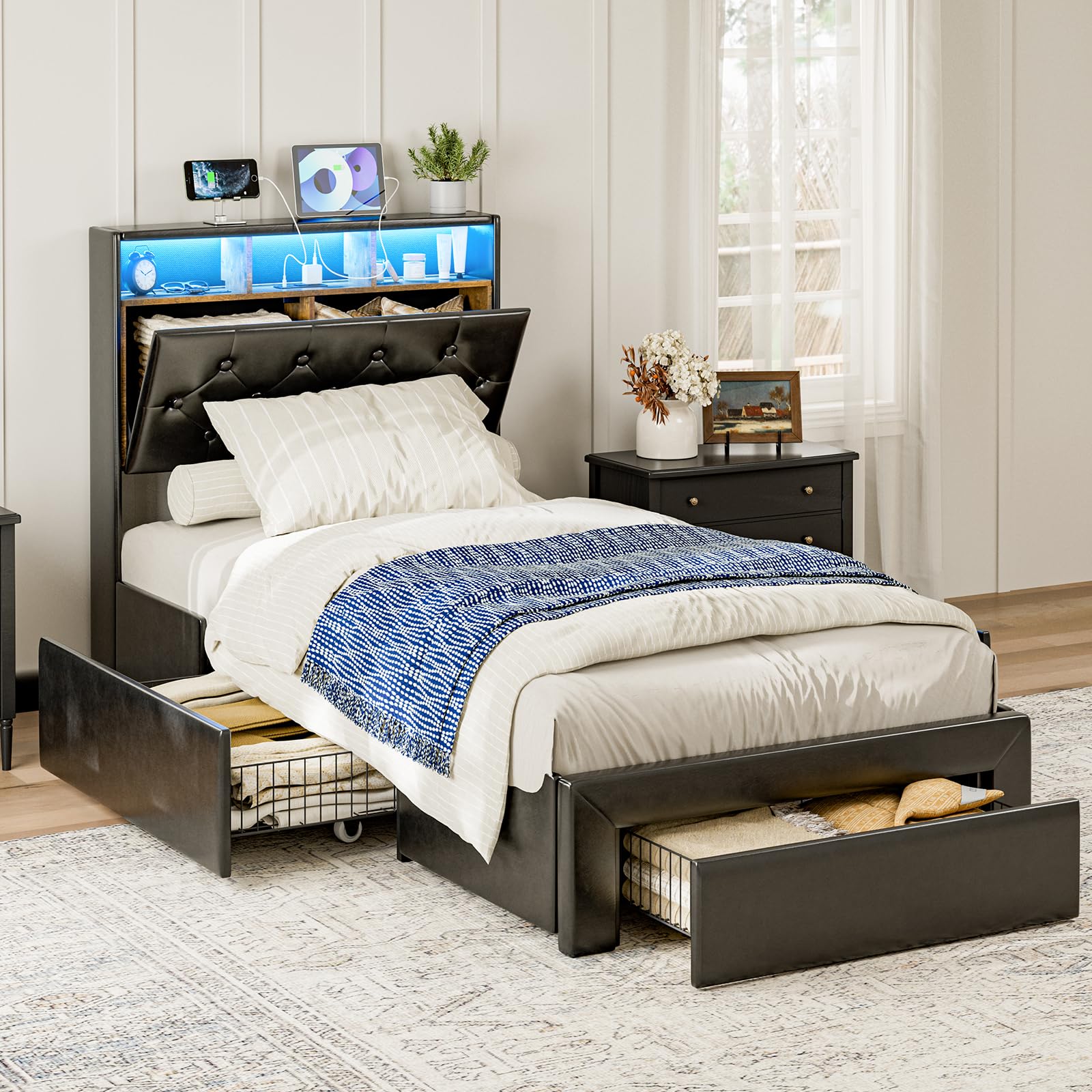IKIFLY Twin XL Bed Frames with Storage Drawers, Hidden Storage Headboard with LED Lights & Charging Station, Upholstered Twin XL Platform Bed, Solid