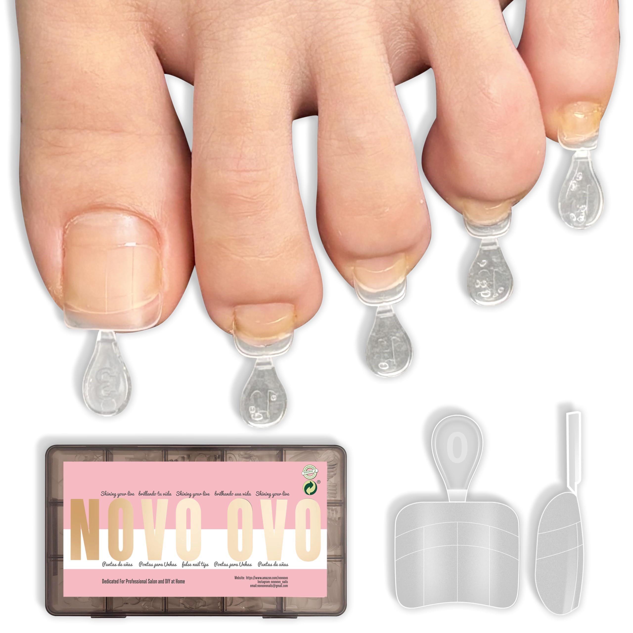 NOVO OVO Upgraded Flexible Half Cover Soft Gel Faux Toe Nail Tips with Support Line for Toe Extension, Square Round Medium Wide Men Women Acrylic French Pedicure Salon DIY x 15 Size 240pcs