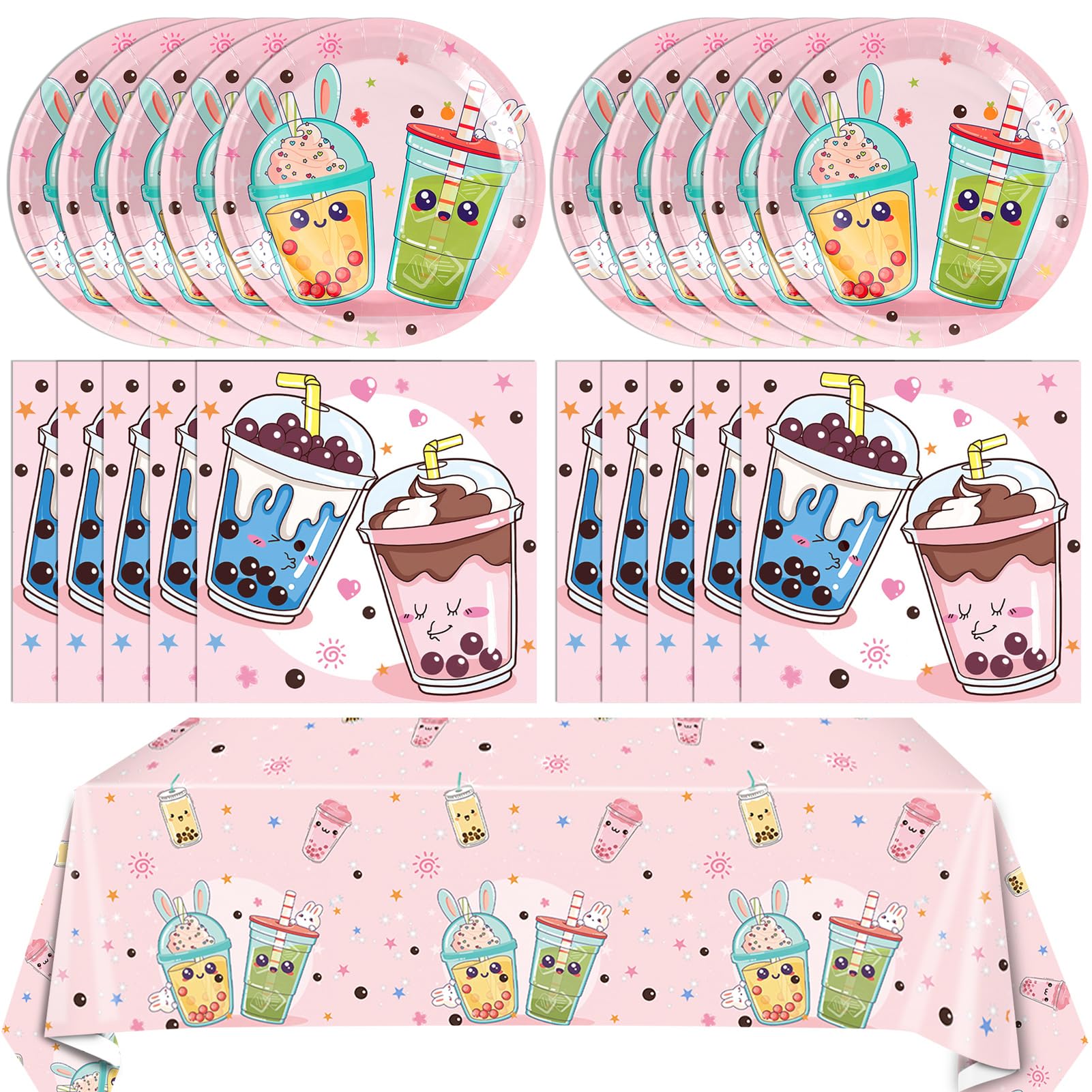 Boba Tea Party Supplies Kit - Bubble Tea Birthday Decorations With Plates, Napkins & Tablecloth