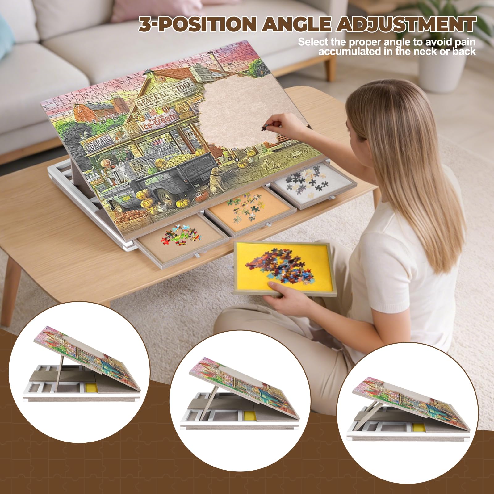 Table de Puzzle inclinable 3 en 1 avec Pieds Pliables, Angle réglable, Surface en Feutre Compatible avec Les Puzzles de 1500 pièces, 4 tiroirs de Couleur, légère et Portable