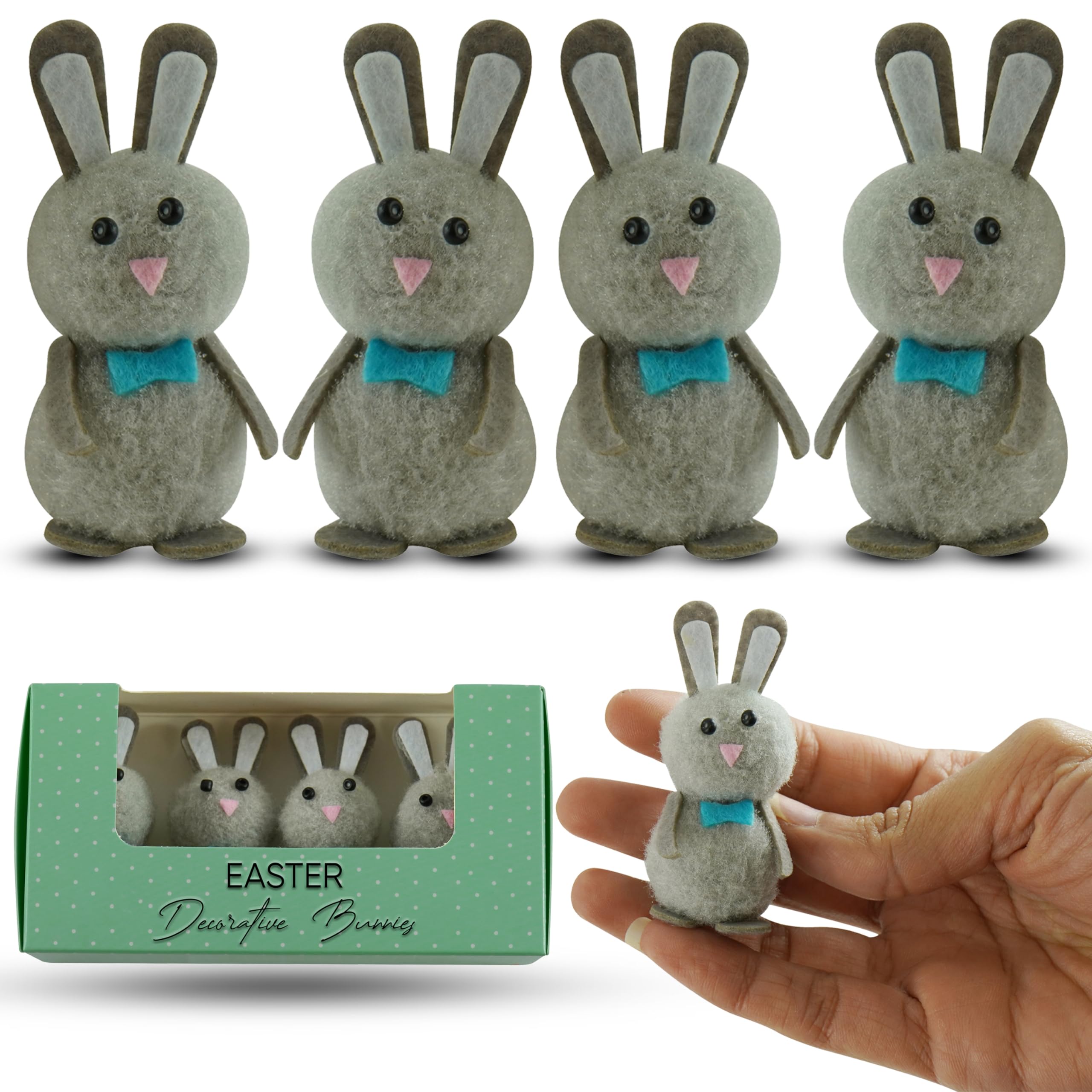 HOVUK 4x Mini Grey Easter Bunnies – Rabbit Figurines for Bonnet Decorations, Spring Displays, Egg Hunts, and Party Favors – Perfect Table Decor, and Fair Trade Festive Fun Size-6.5cm