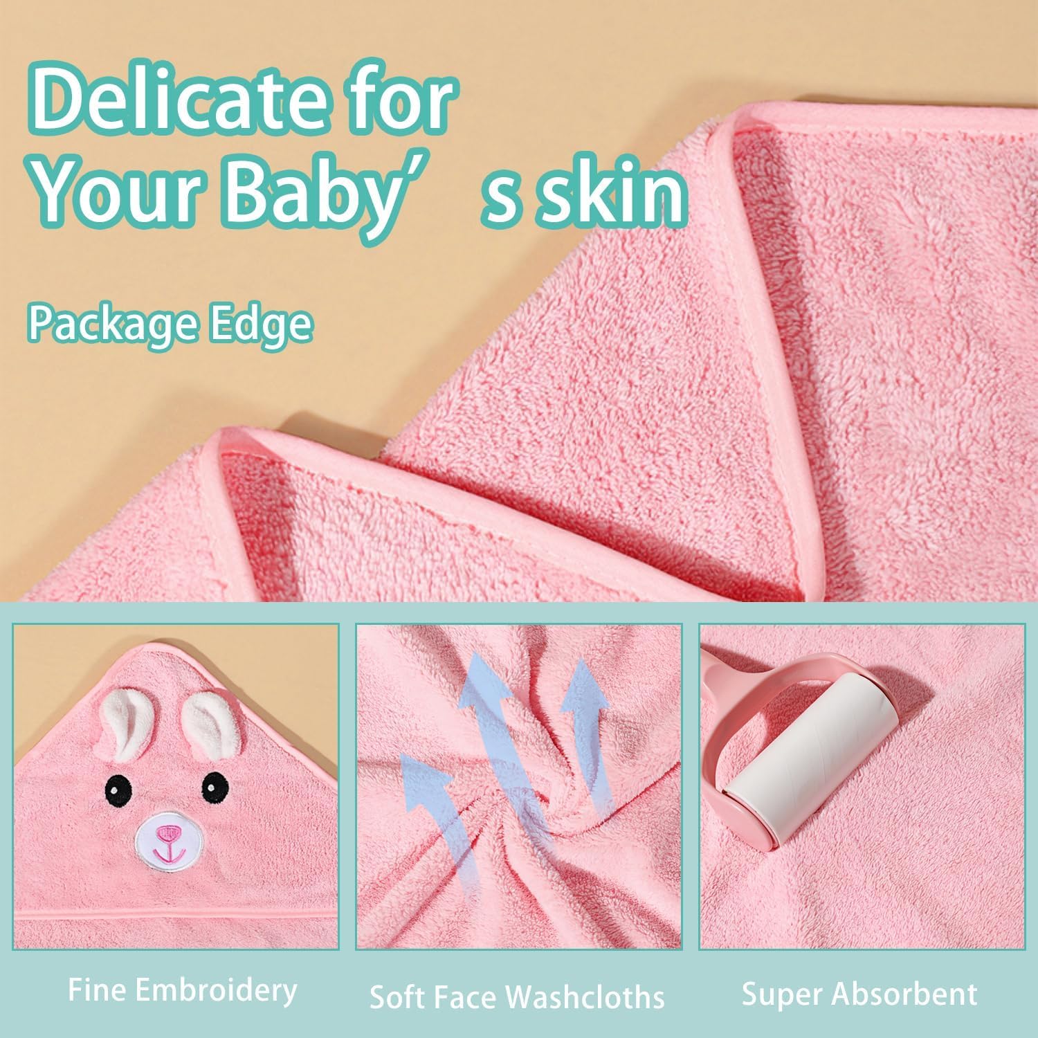 Juego de toalla de baño y paño de algodón orgánico con capucha para bebé, ultrasuave, 80 x 80 cm, esencial para recién nacidos con adorable diseño de conejo rosa, perfecto para bebés y niños