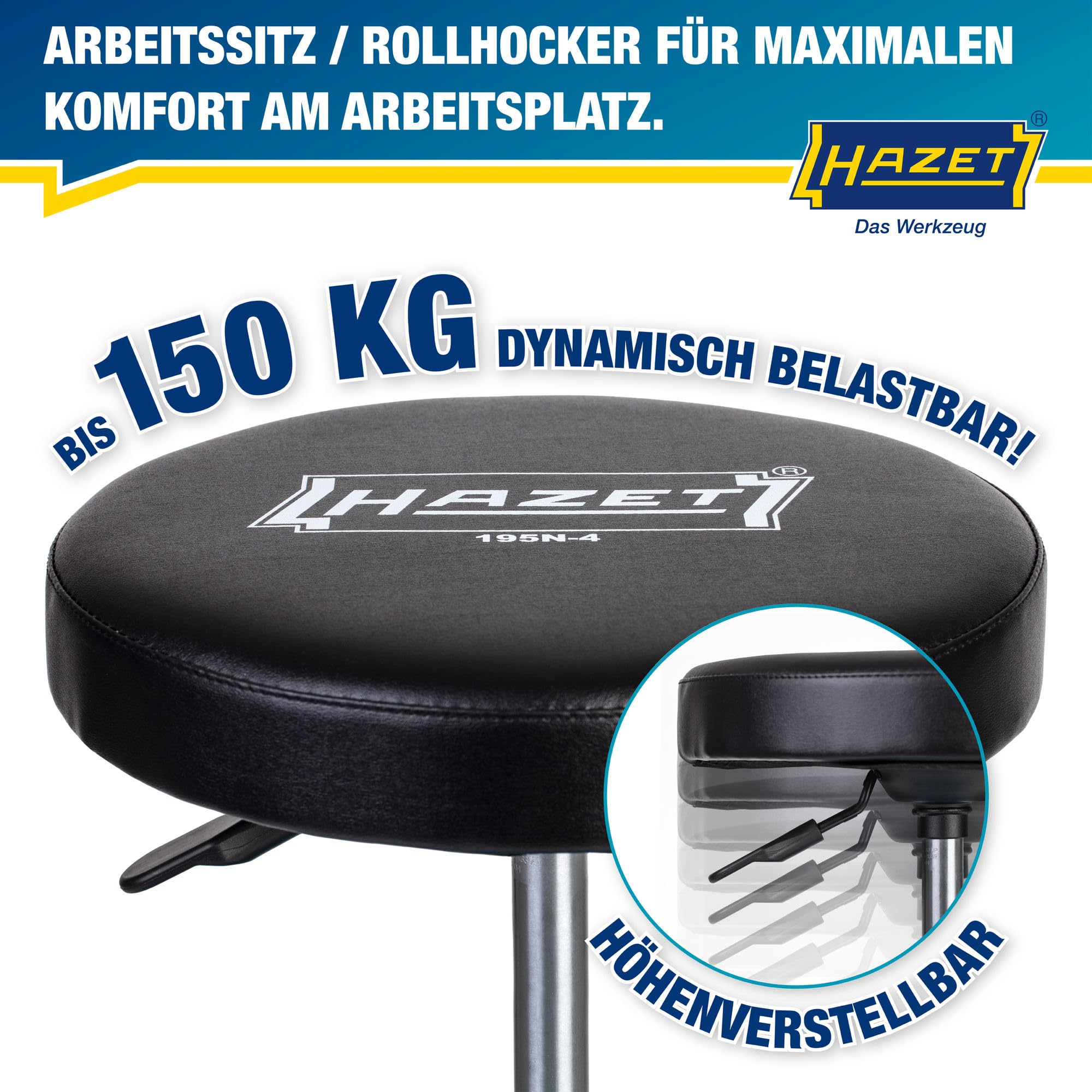 HAZET Arbeitssitz 195N-4, stabile Vierkant-Rohrrahmenkonstruktion, 5 Leichtlaufrollen 75 mm, höhenverstellbar 430-550 mm, belastbar bis 150 kg, großes Sitzkissen 350 mm