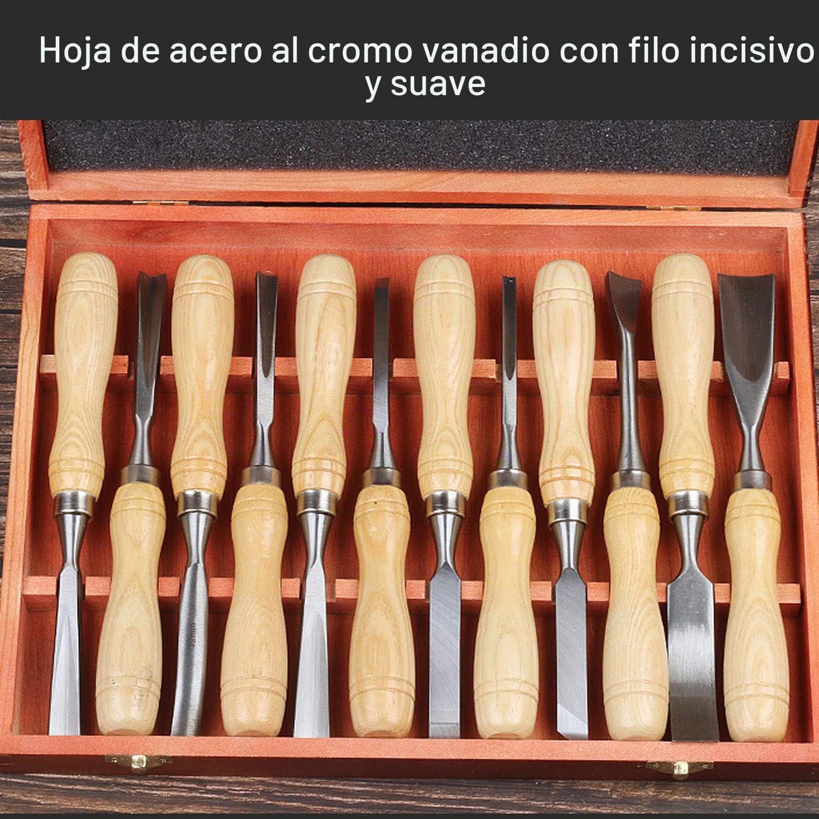 12 Cinceles para Tallar Madera, Juego de Herramientas Profesionales para Tallar Madera con 12 Cuchillos, Caja de Almacenamiento, Kit de Cincel para Esculpir de Acero para Principiantes