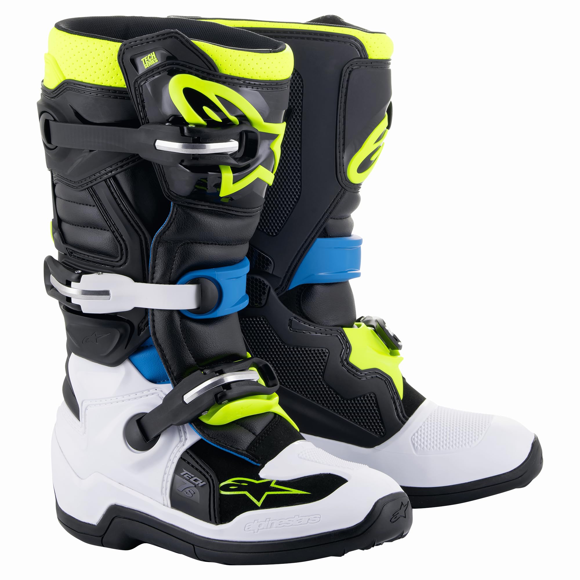 Alpinestars Tech 7S Youth MX Boots (Black/Enamel Blue/Fluo Yellow, 6)