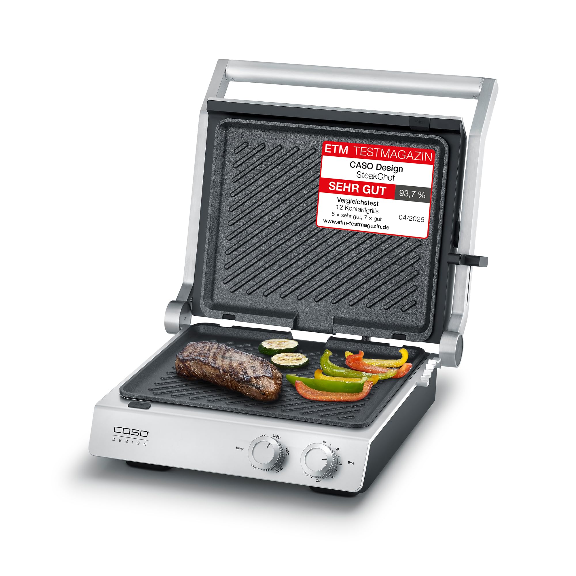 CASO SteakChef - Doppel-Kontaktgrill, Antihaftbeschichtung, 100-220°C | Testurteil sehr gut (ETM 04/2026), aufgeklappt als Tischgrill nutzbar, Steak, Sandwich, elektrischer Grill 2000 Watt