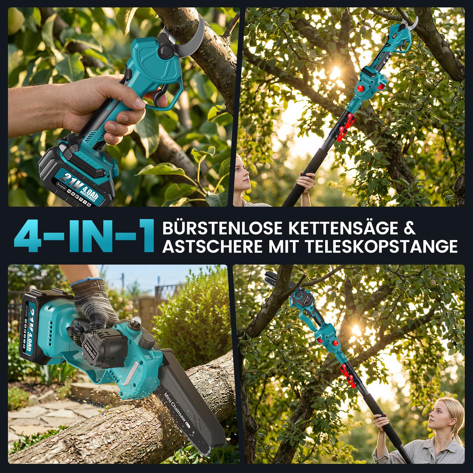 Potatore a batteria 4 in 1, compatibile con batteria Makita, mini motosega senza spazzole da 6 pollici e batteria da 40 mm, 2 x 4,0 Ah, portata massima fino a 4 m, per potatura di alberi da giardino