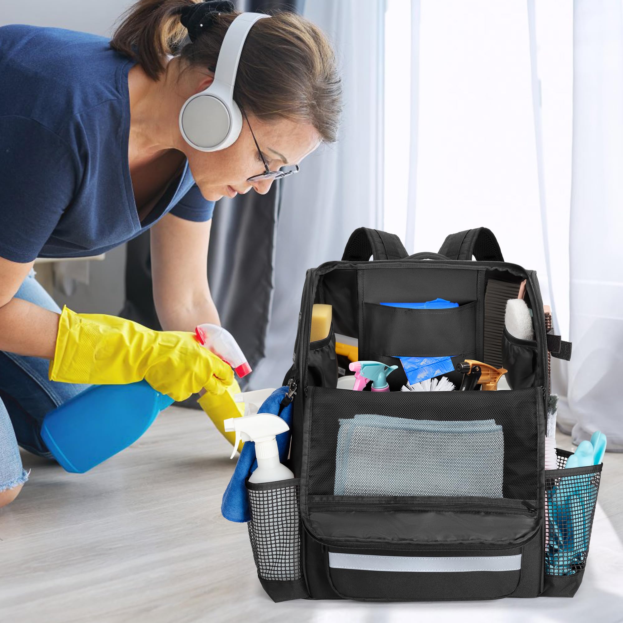 LoDrid Rucksack für Reinigung mit Verdickten, Verstellbaren Schultergurten, Großer Reinigungstasche mit Mehreren Taschen für Hausarbeit, Schwarz (Patentiertes Design)