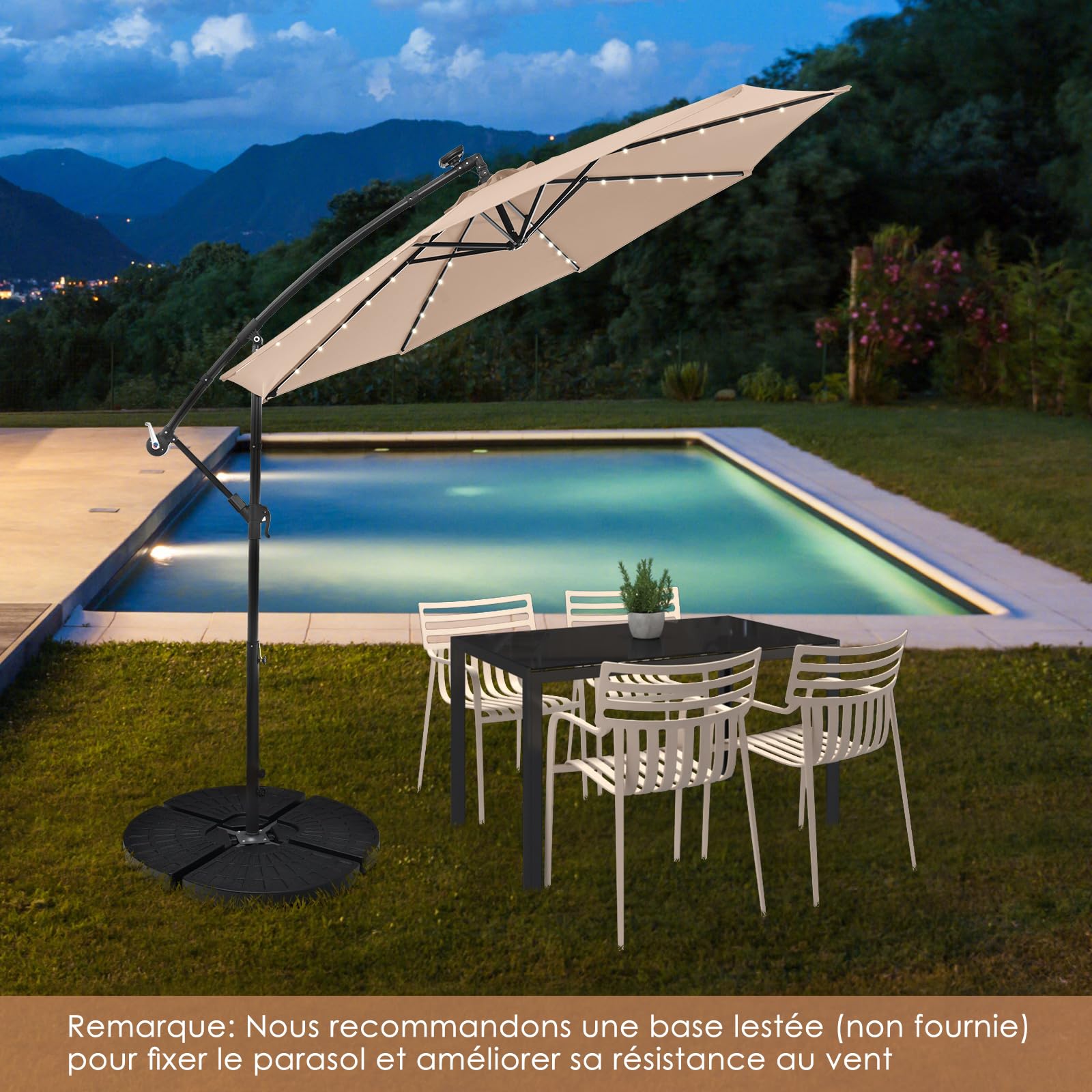 GOPLUS Parasol Déporté 3x3M, Grand Parasol de Jardin Extérieur avec 32 LED Solaires, 8 Baleines, Protection Solaire, Toile Inclinable, Rotatif à 360° pour Balon Patio Terrasse