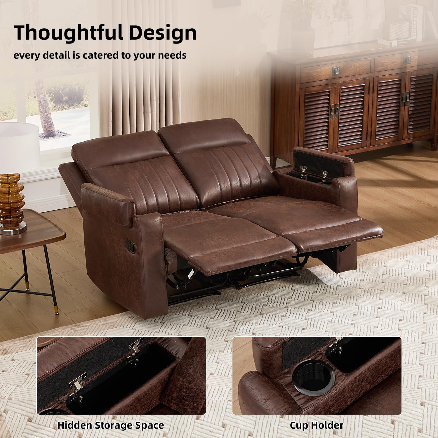 Faux Leather Recliner Sofa Set 2 Chairs 58 Loveseat Cup Holder Storage Red Brown image 9