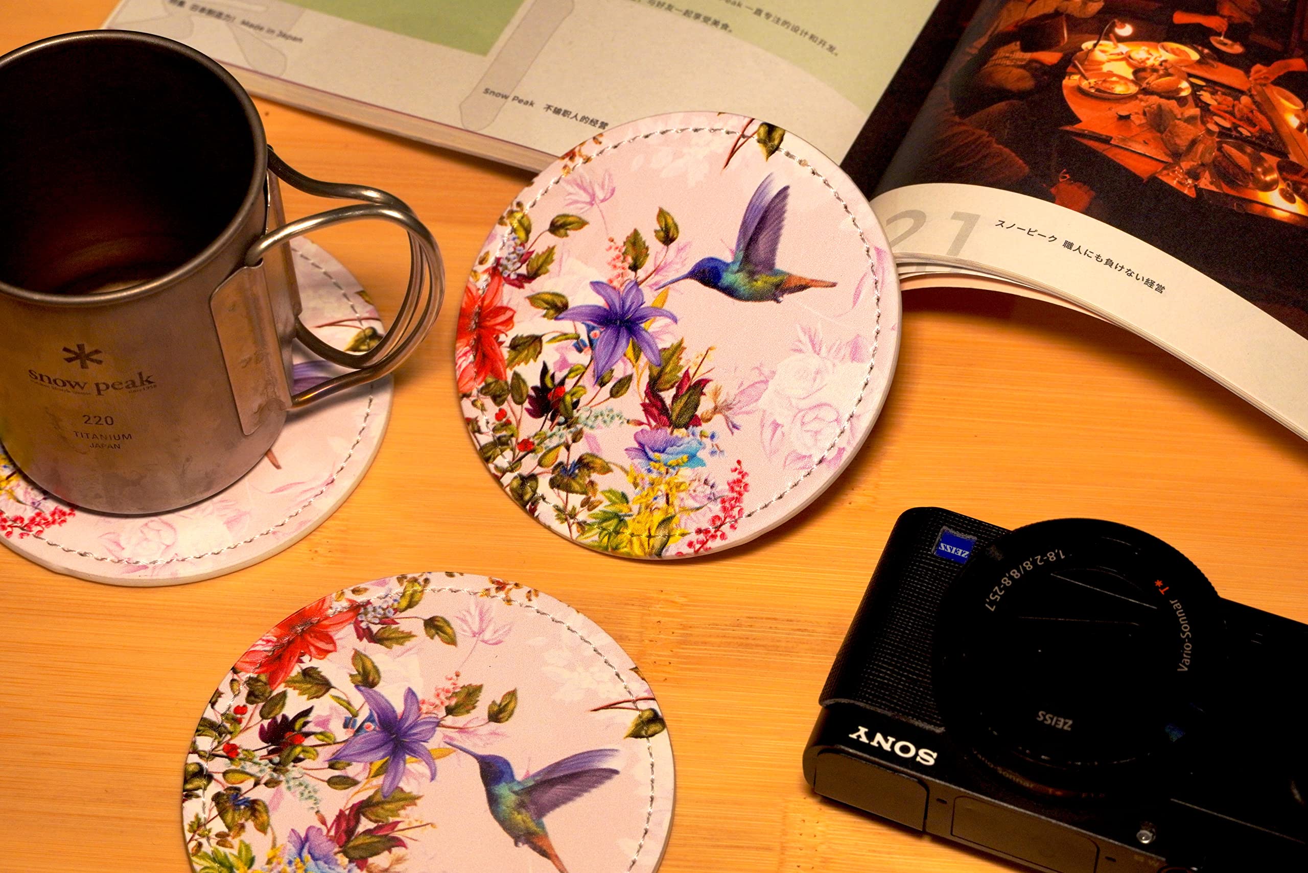 Colibríes – Posavasos para bebidas – Posavasos de cuero con soporte – Juego de 6 tazas redondas – Alfombrilla para cocina en casa