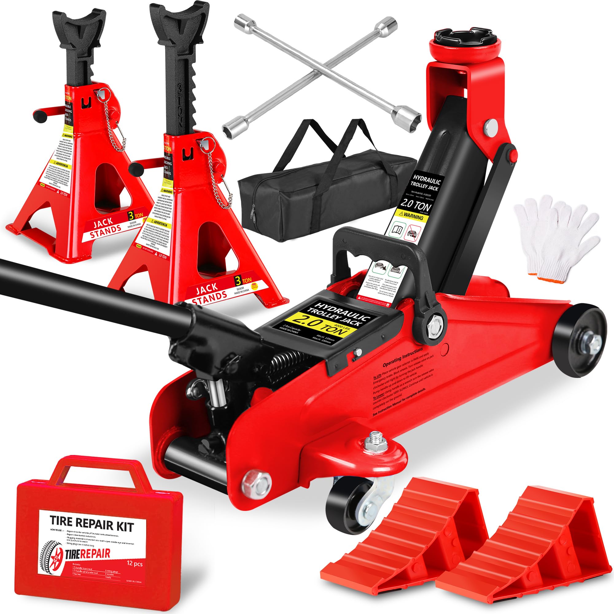 2 Ton (4000 lbs) Capacity, Low Profile Hydraulic Trolley Service/Floor Jack Combo with 2 Ratchet 3 Ton Jack Stands,Wheel Chock Red