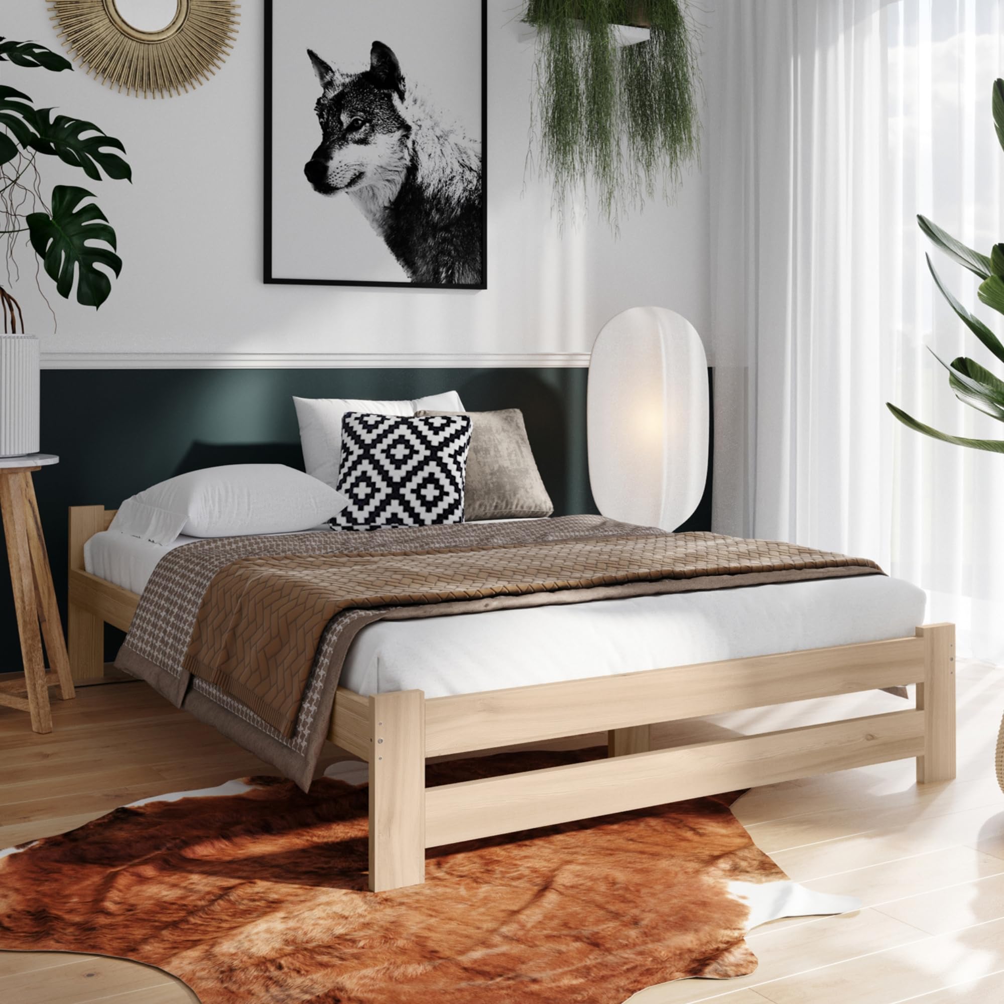 Home Collective Holzbett 140x200 cm mit Lattenrost Modern Bett Kiefer Massiv Bettgestell Doppelbett Massivholzbett Klassisch Komfortabel & Langlebig Skandinavisch Boho Landhaus Kopfteil flach Natur