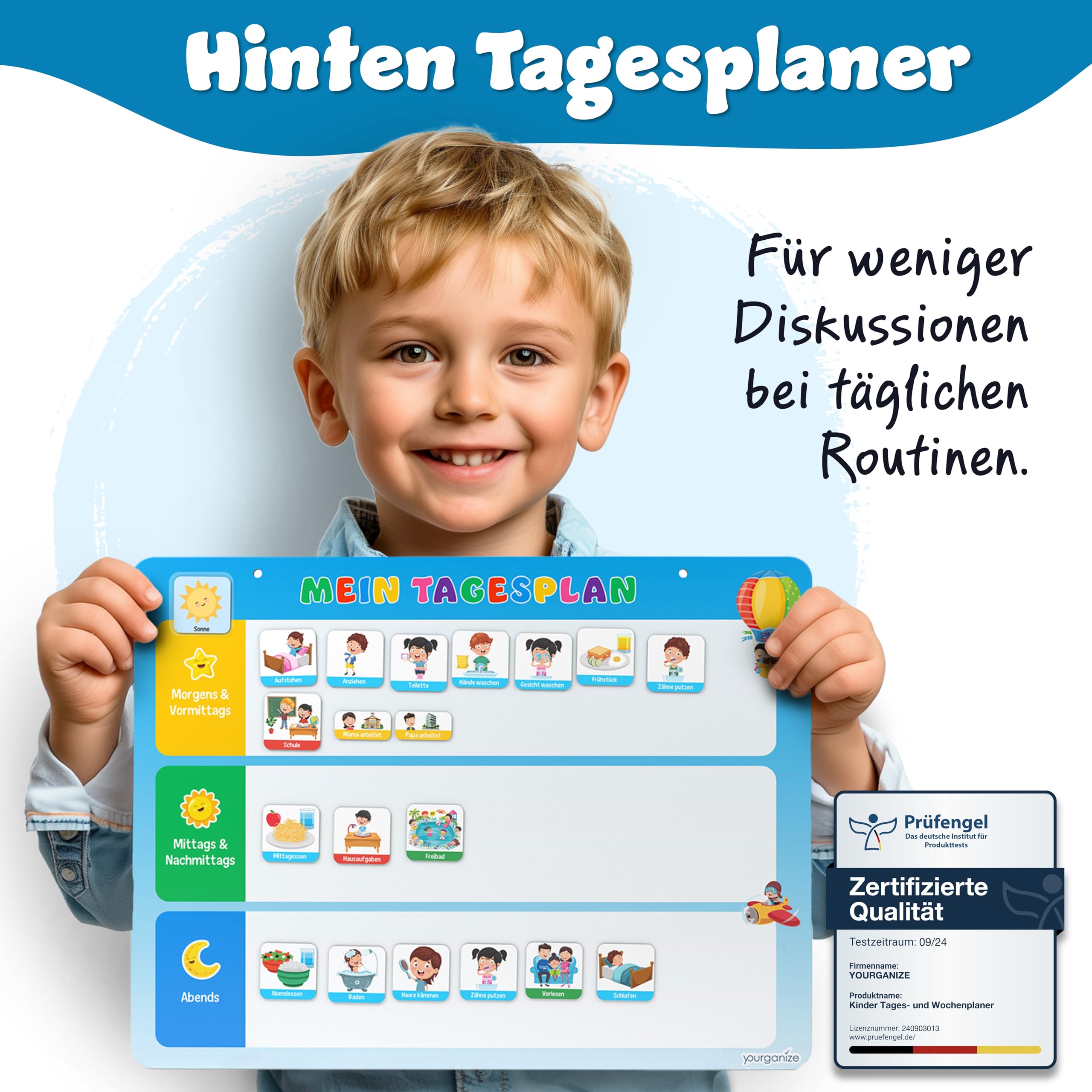 YOURGANIZE® 2-in-1 Wochenplaner und Tagesplaner für Kinder - inkl. 196 Magnete + 160 Sticker zum Personalisieren - Routine Planer Kinder