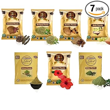 Online Quality Store Reetha (50g) + Amla (50g) + Shikakai (50g) + Bhringraj (50g) + Hibiscus (50g) + Mehandi (50g) + free Indigo (50g) Powder For Hairs, 350g