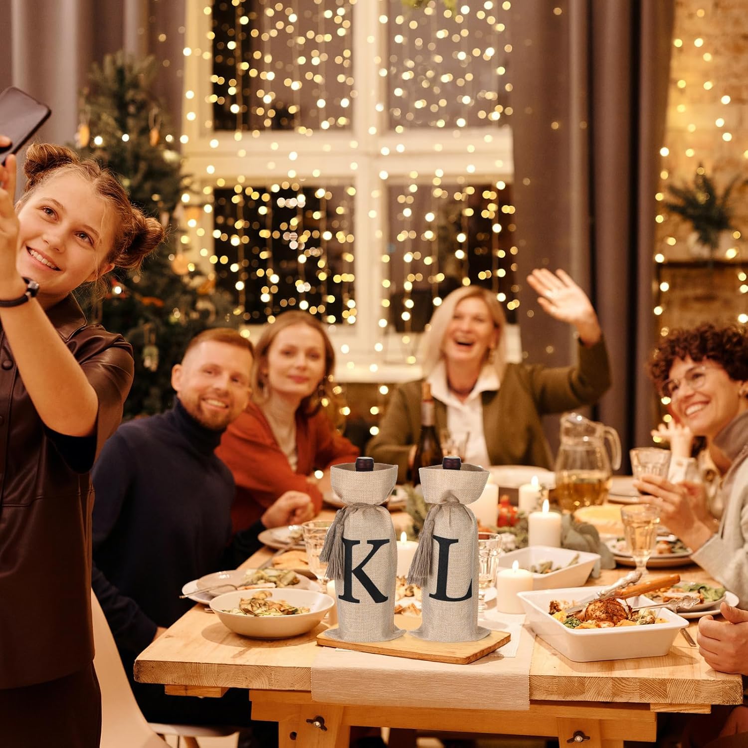 TWSANTAMAS 2 PCS Burlap Wine Bag, Monogram initial Wine Bottle Gift Bags with Tassels, Bottle Cover Holiday Party Decor Letter K - Image 6