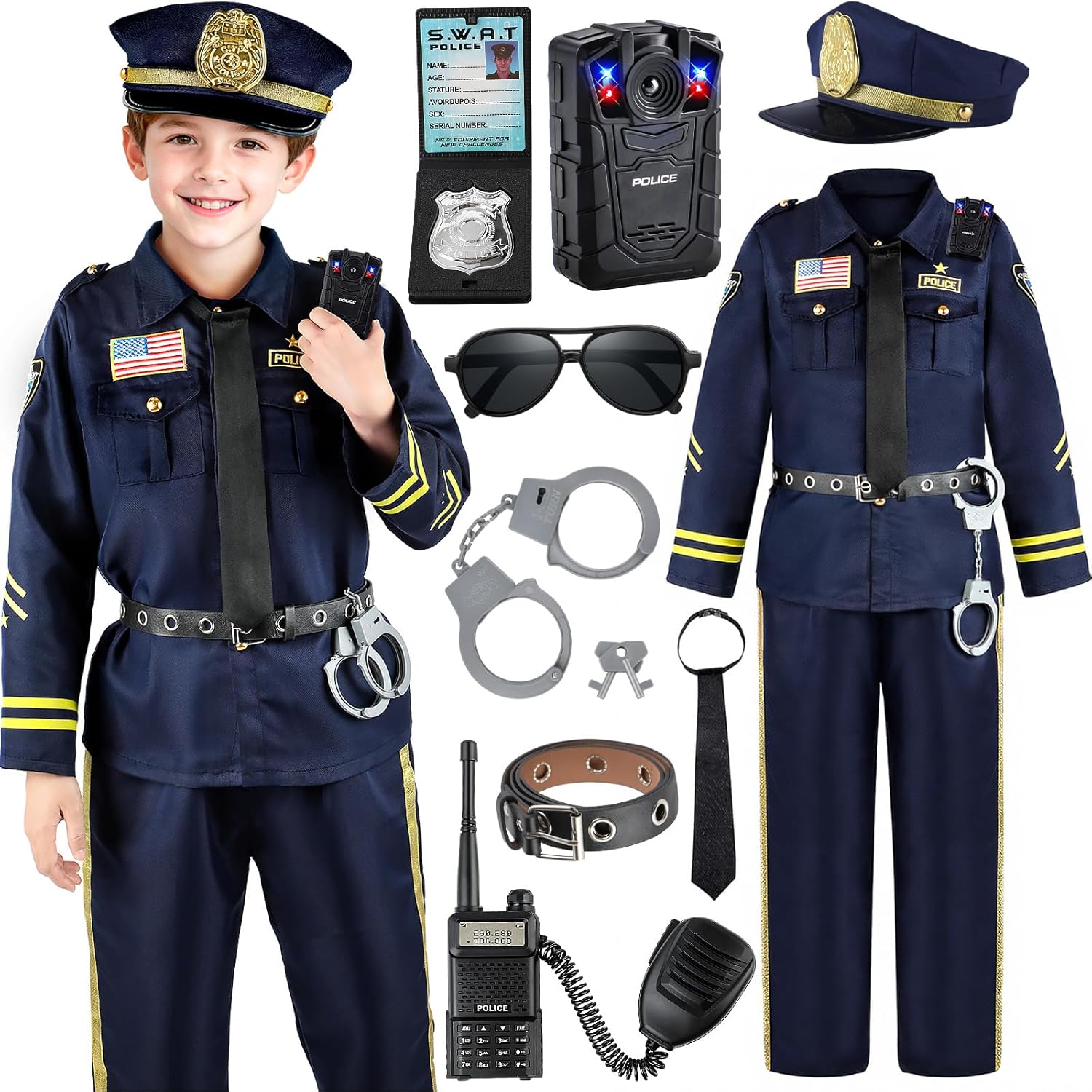 Police Officer Costume for Kids, Cop Costume Outfit Set with Toy Accessories, Halloween Costumes for Boys 10pcs Police Costume Kit (Gold Cap) S?5-6Y?