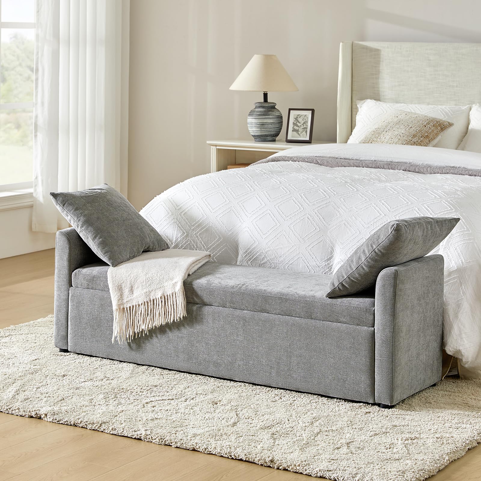 HULALA HOME Modern Storage Bench with Throw Pillows, 59.4" Extra Long Bedroom Ottoman Bench for End of Bed, Comfy Upholstered Footstool for Living