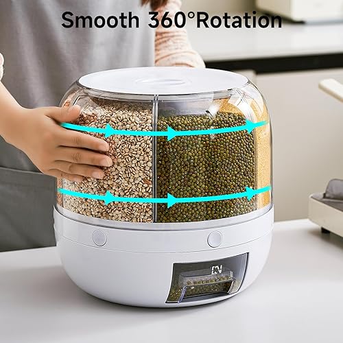 Miniatura 3 de Dispensador de arroz Contenedor de almacenamiento de granos giratorio de 360 6 rejillas, contenedor de alimentos de gran capacidad de 20 libras, a