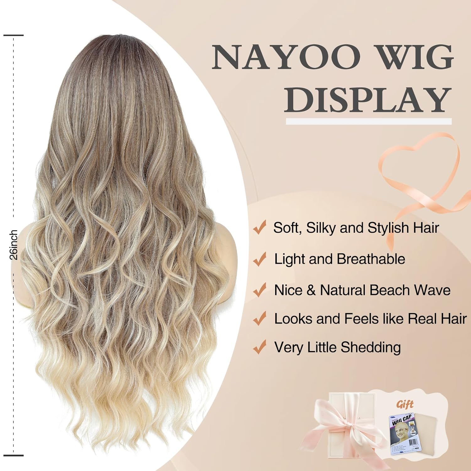 NAYOO Long Blonde Wavy Wig for Women - 26 Inch Ash Blonde Wigs for Women, Natural Looking Ombre Blonde Wigs, Easy to Put Blonde Curly wig