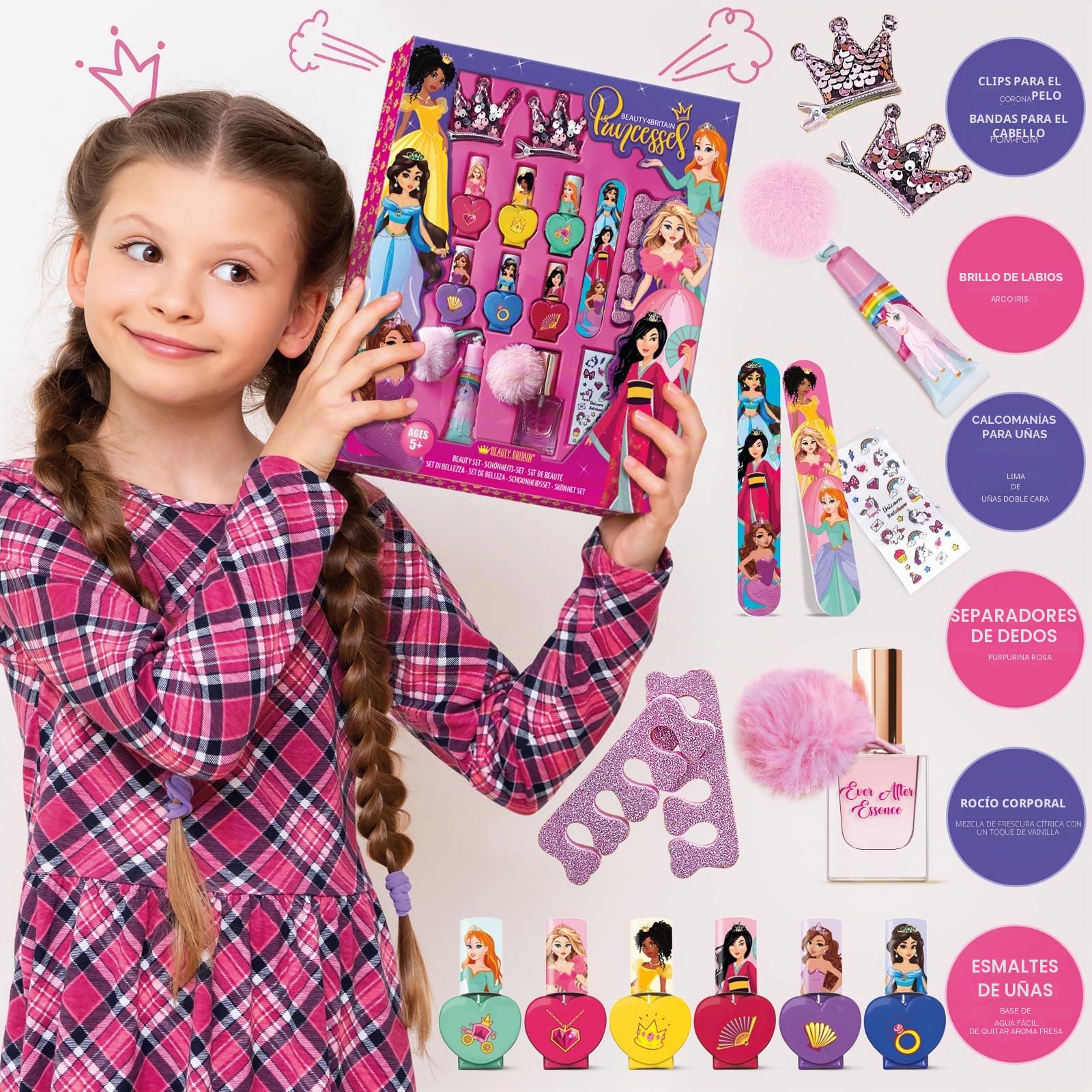 Set de Belleza para Niñas con 6 Esmaltes Pelables a Base de Agua No Tóxicos y Accesorios: Bruma Corporal, Brillo Labial, Pinzas para el Cabello, Pegatinas para Uñas, Artículos de Manicura y Pedicura
