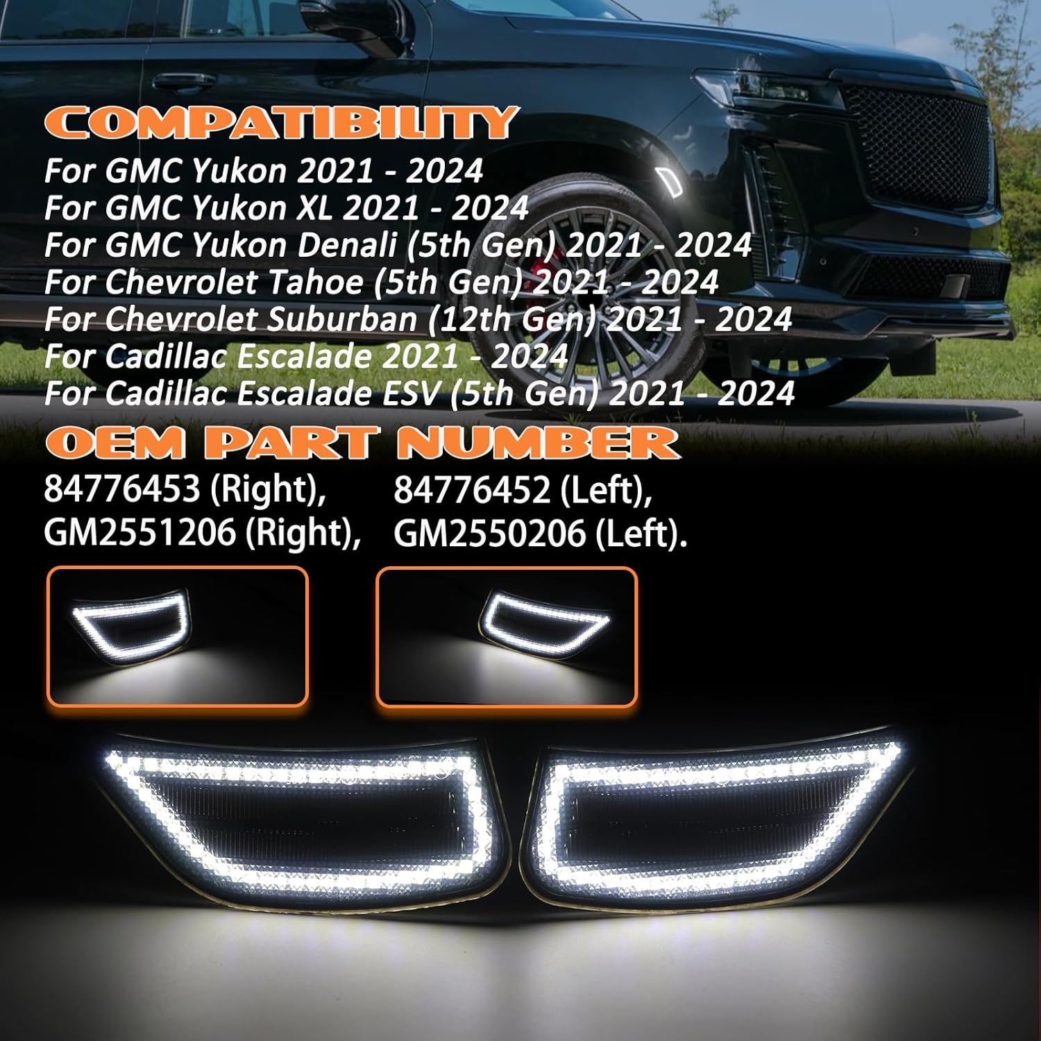 LED Side Marker Light For 2021-2024 Chevy Tahoe Yukon XL Denali Suburban Cadillac Escalade ESV, White Signal Lamps Smoked Lens 2 PCS